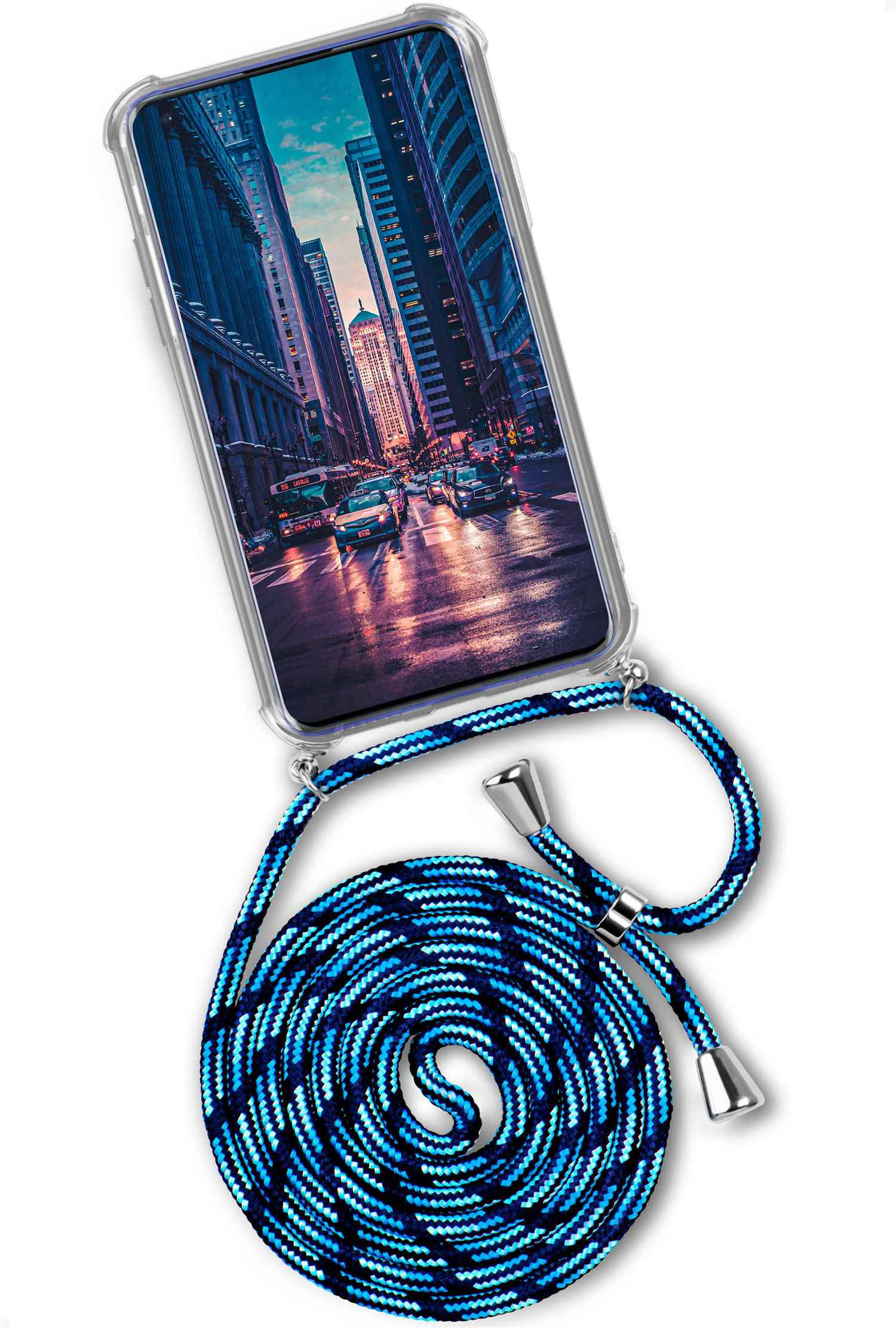 Telefon mit Stadtszene, blaues Kabel. Weißer Hintergrund.
