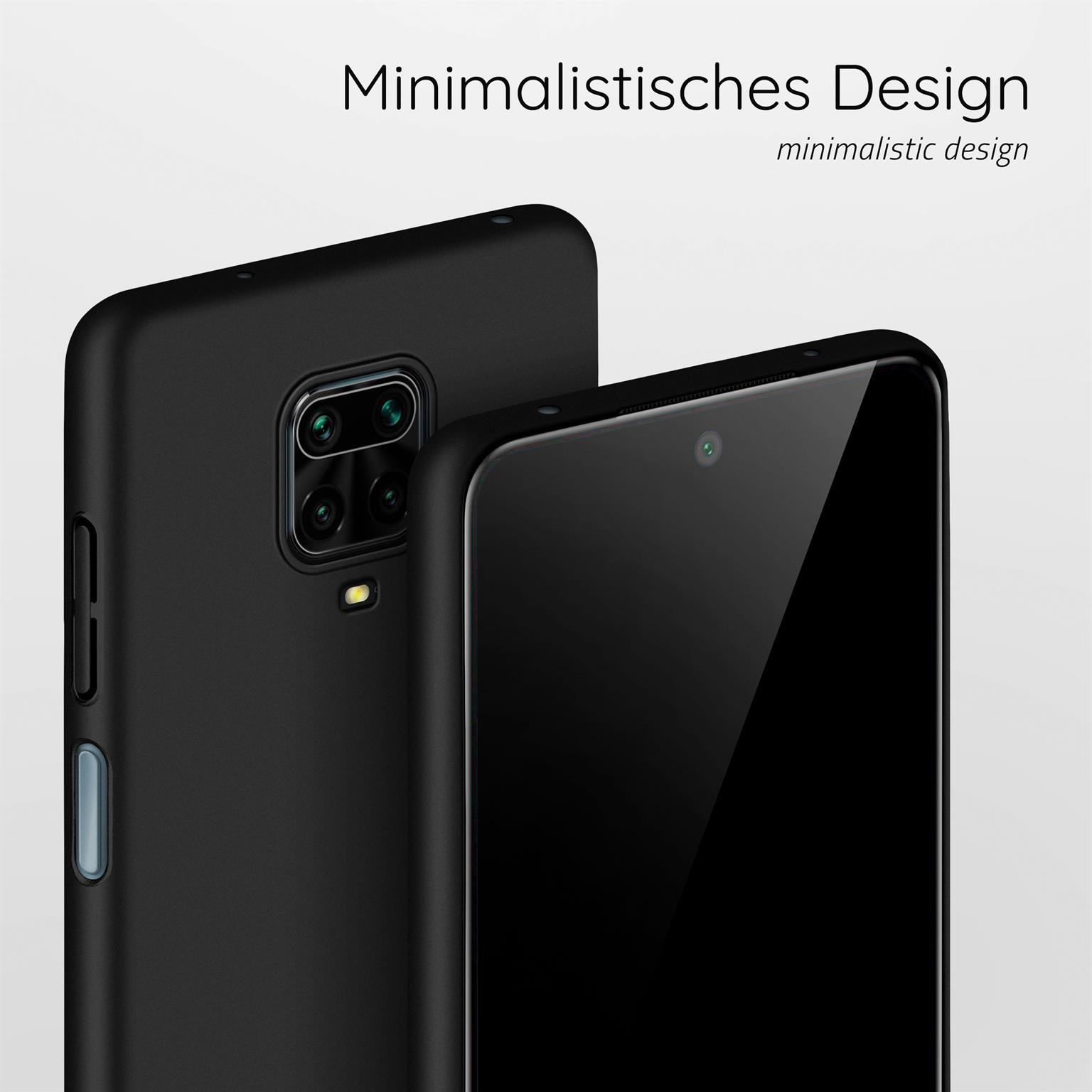 Zwei schwarze Handyhüllen. Die linke zeigt die Rückseite, die rechte die Vorderseite.