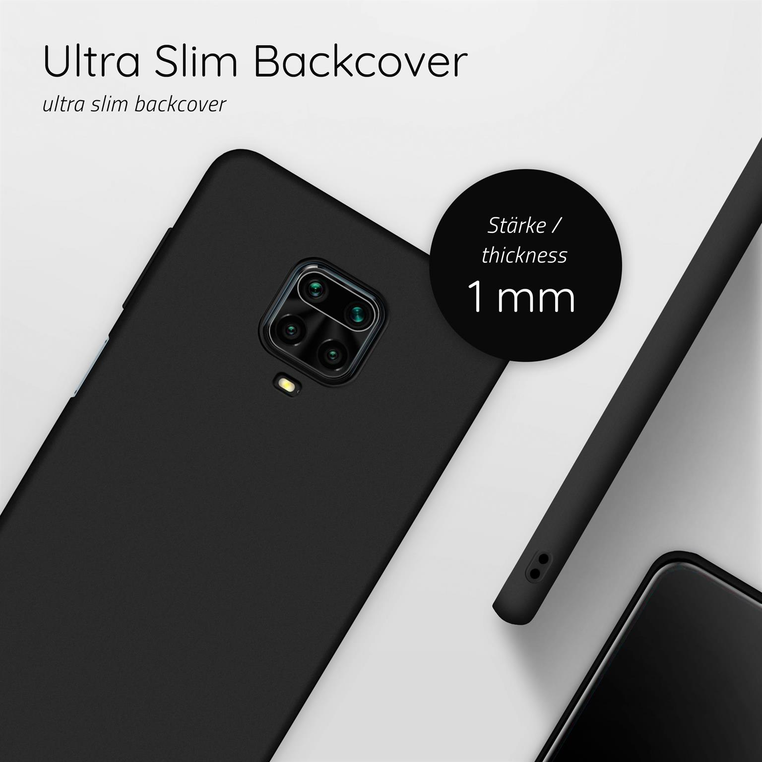 Schwarze Handyhülle mit schwarzem Telefon. Text: 'Ultra Slim Backcover' und ein Kreis mit 1 mm Dicke.
