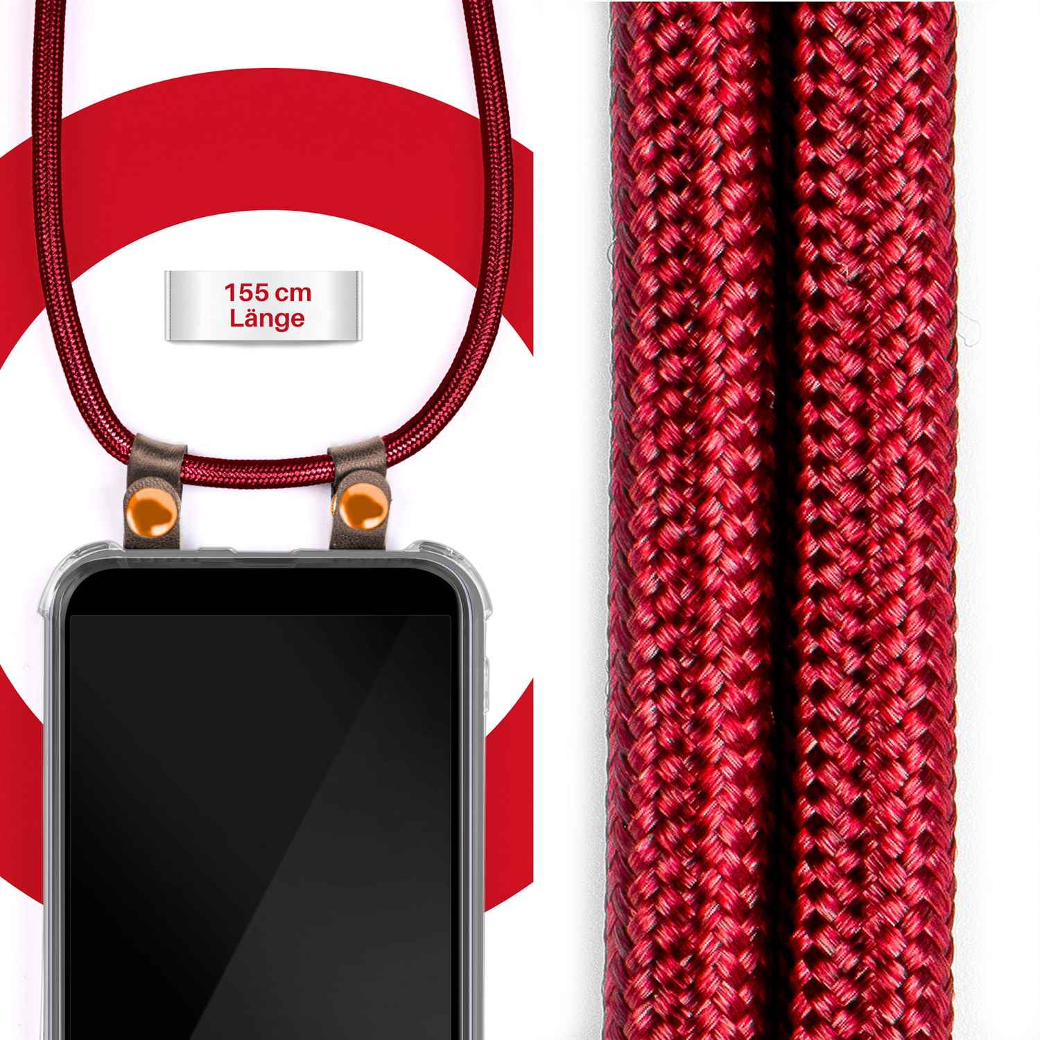 Rotes Telefonband mit Telefon in transparenter Hülle, weißer Hintergrund.