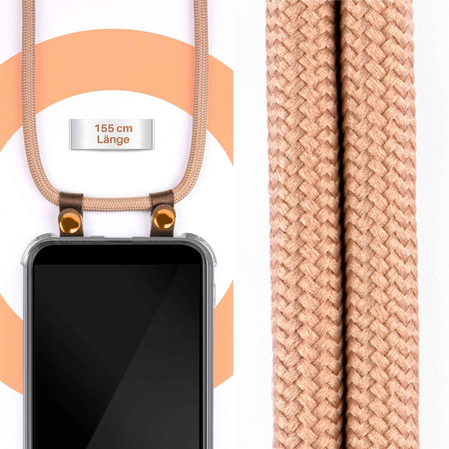 Ein Telefon mit Hülle und geflochtener Kordel. Die Kordel ist braun, der Hintergrund ist weiß.