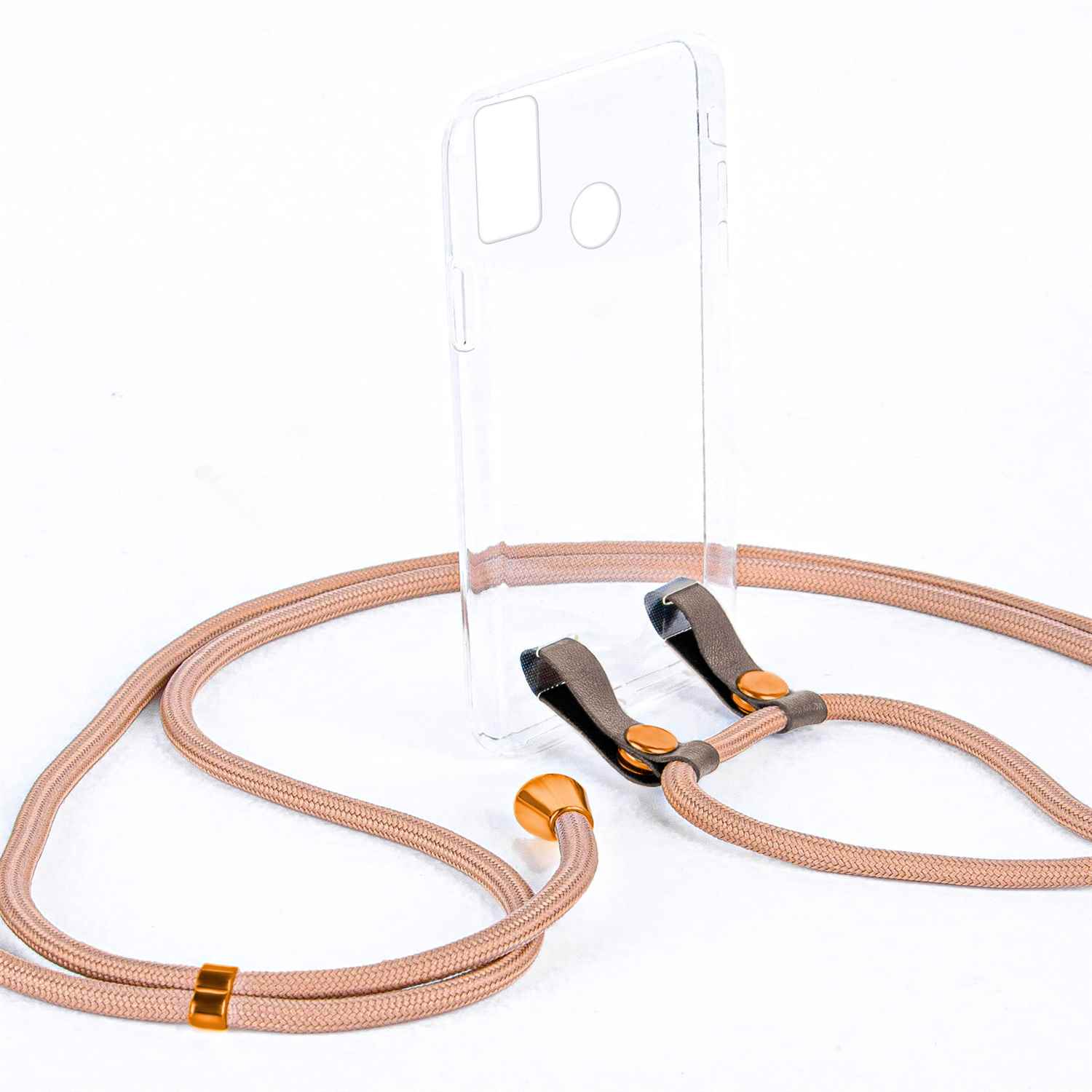 Beigefarbener Telefonriemen mit transparentem Handycase. Weißer Hintergrund mit Riemen und Hülle.