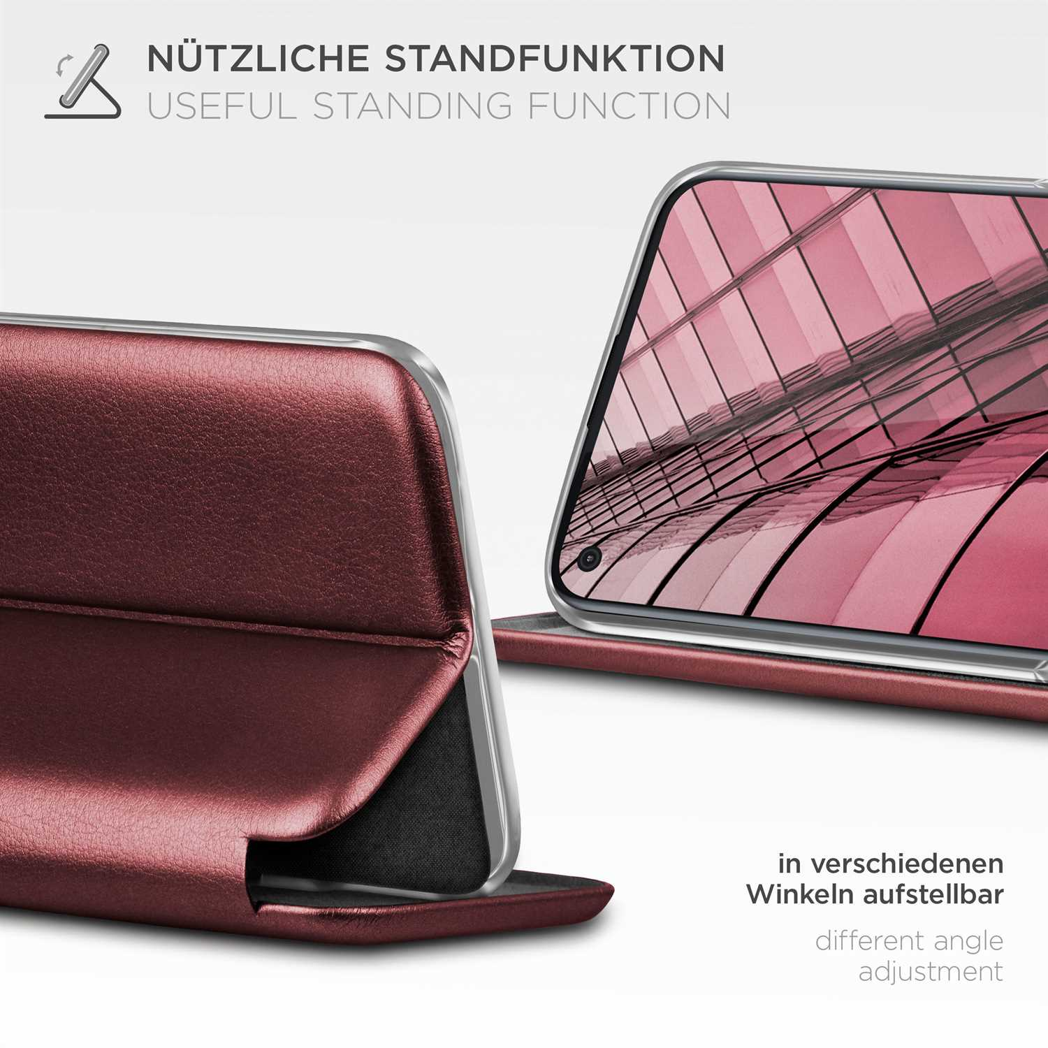 Eine Handyhülle kann in verschiedenen Winkeln verwendet werden. Der Text lautet "verschiedene Winkeleinstellung".