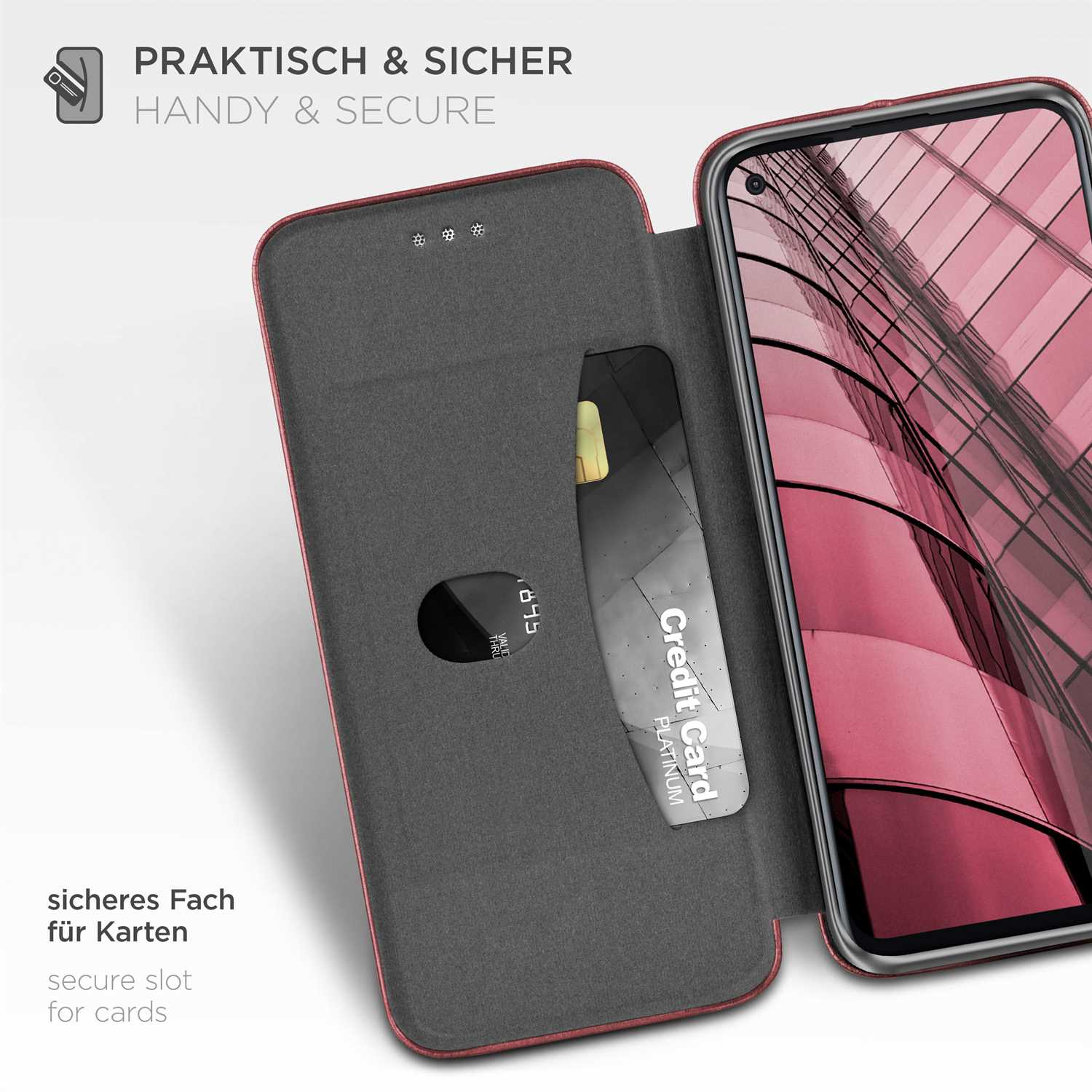 Telefonhülle offen mit Kreditkartenfach, Kreditkarte darin. Sicheres Fach für Karten Text. Rote Einfassung der Hülle.