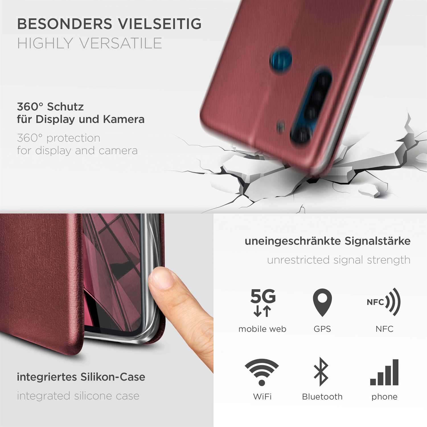 Rote Handyhülle mit Telefon. Grafiken zeigen 5G, GPS, NFC, WLAN, Bluetooth und Telefonsignale.