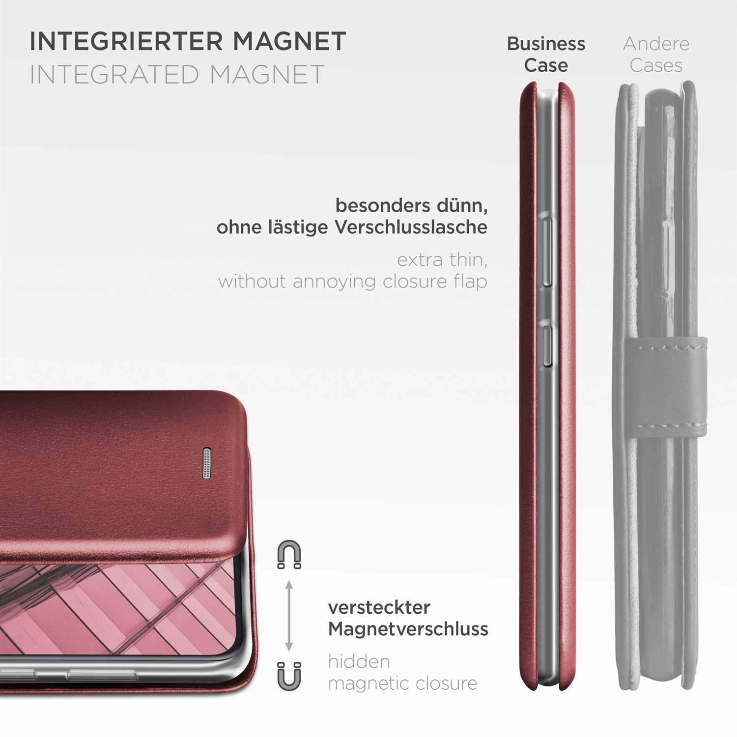 Produktabbildung: burgunderfarbene Handyhülle mit Magnetverschluss, extra dünn.  Auch andere Hüllen.