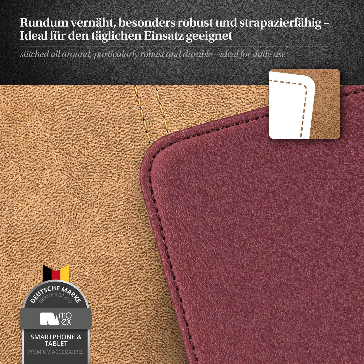 Nahaufnahme einer Lederhülle. Text: „Rundum vernäht, besonders robust und strapazierfähig - ideal für den täglichen Einsatz“.