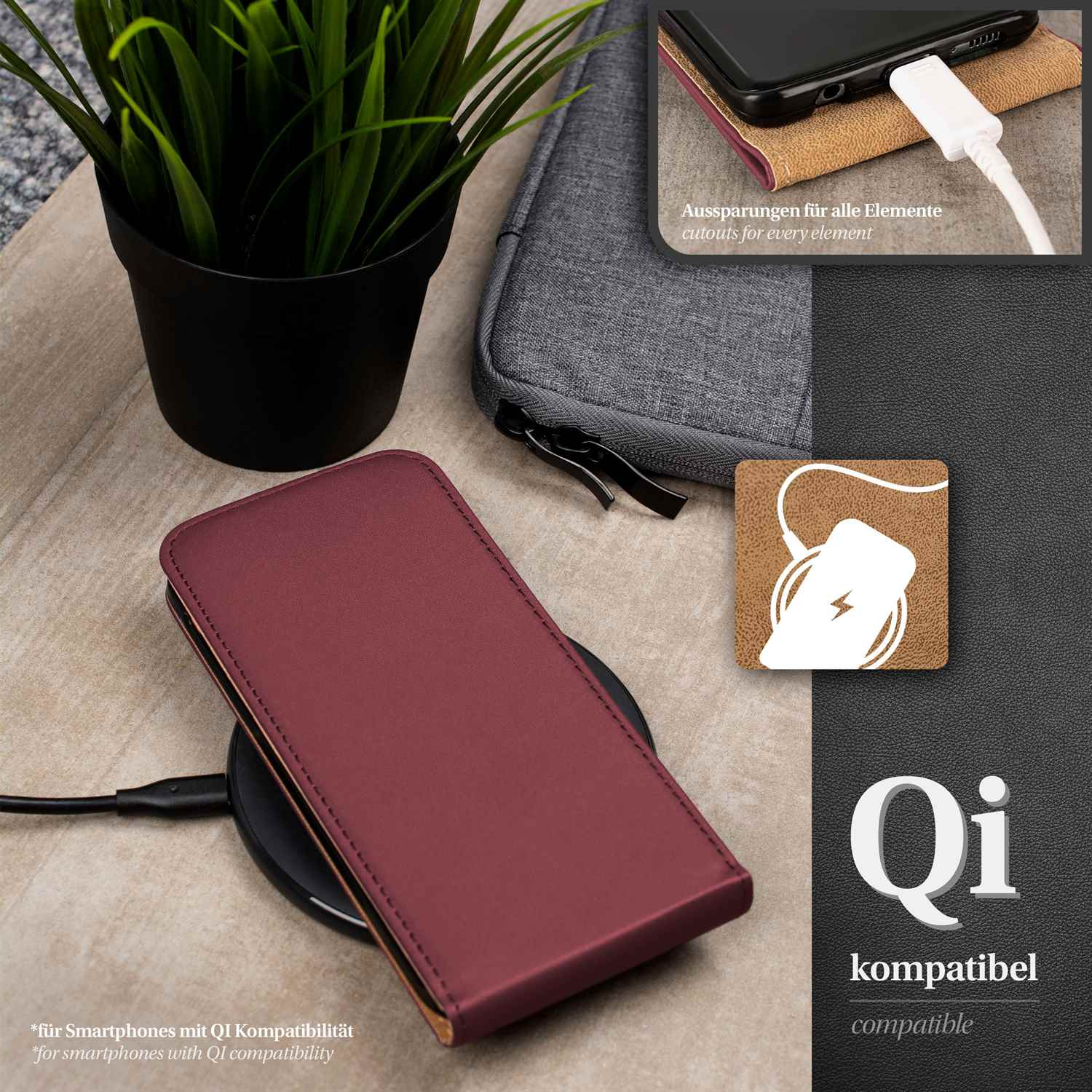 Handyhülle mit Qi-Kompatibilität. Telefon lädt auf schwarzer Matte.