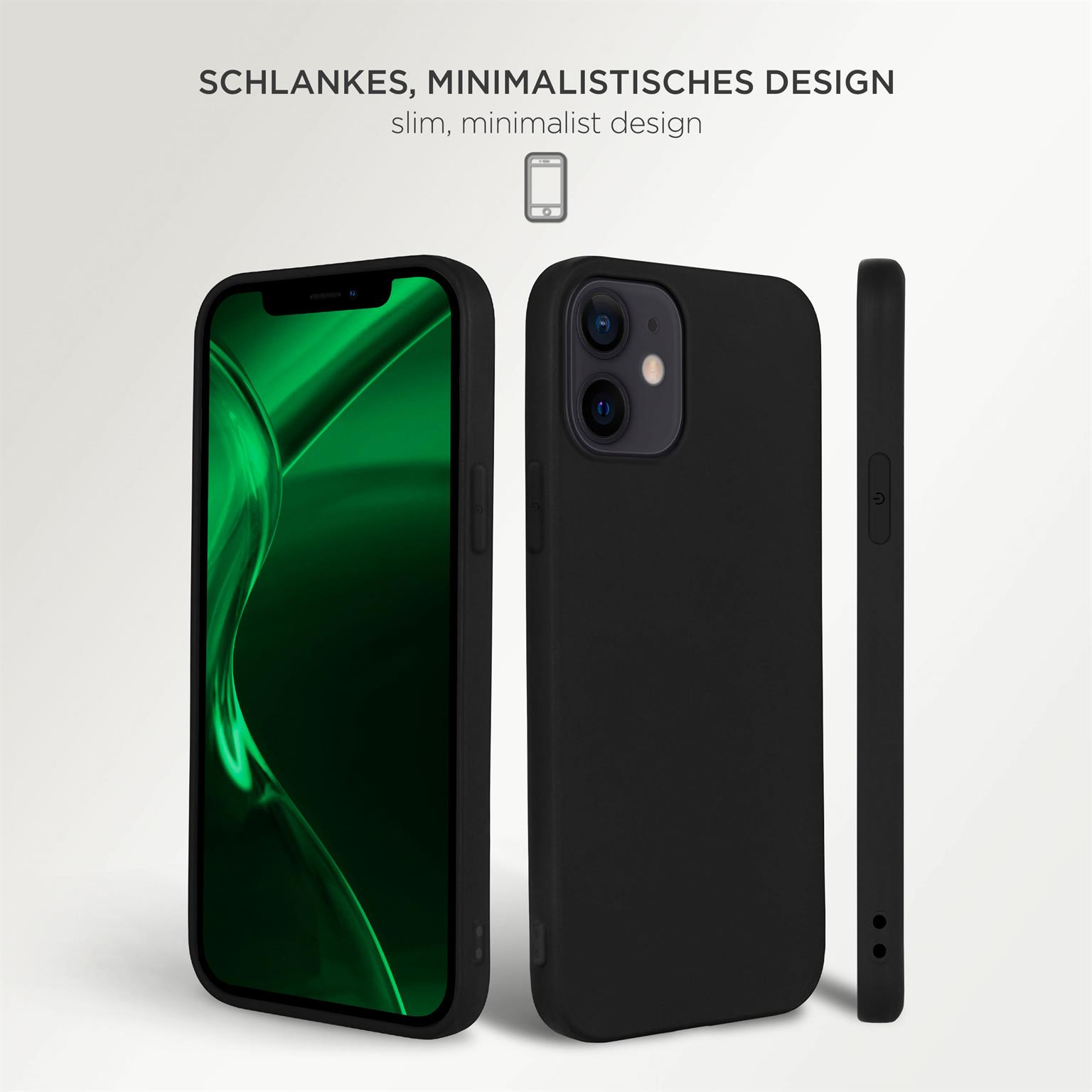 Schwarze Handyhülle mit grünem Bildschirm und dem Text: schlankes, minimalistisches Design.