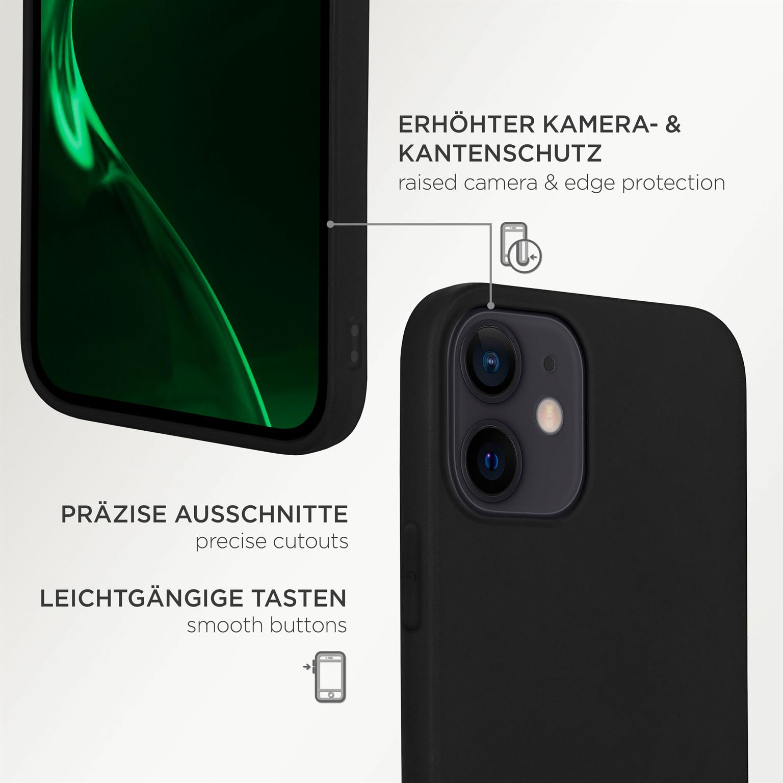 Nahaufnahme einer schwarzen Handyhülle mit erhöhtem Kameraschutz und präzisen Aussparungen.