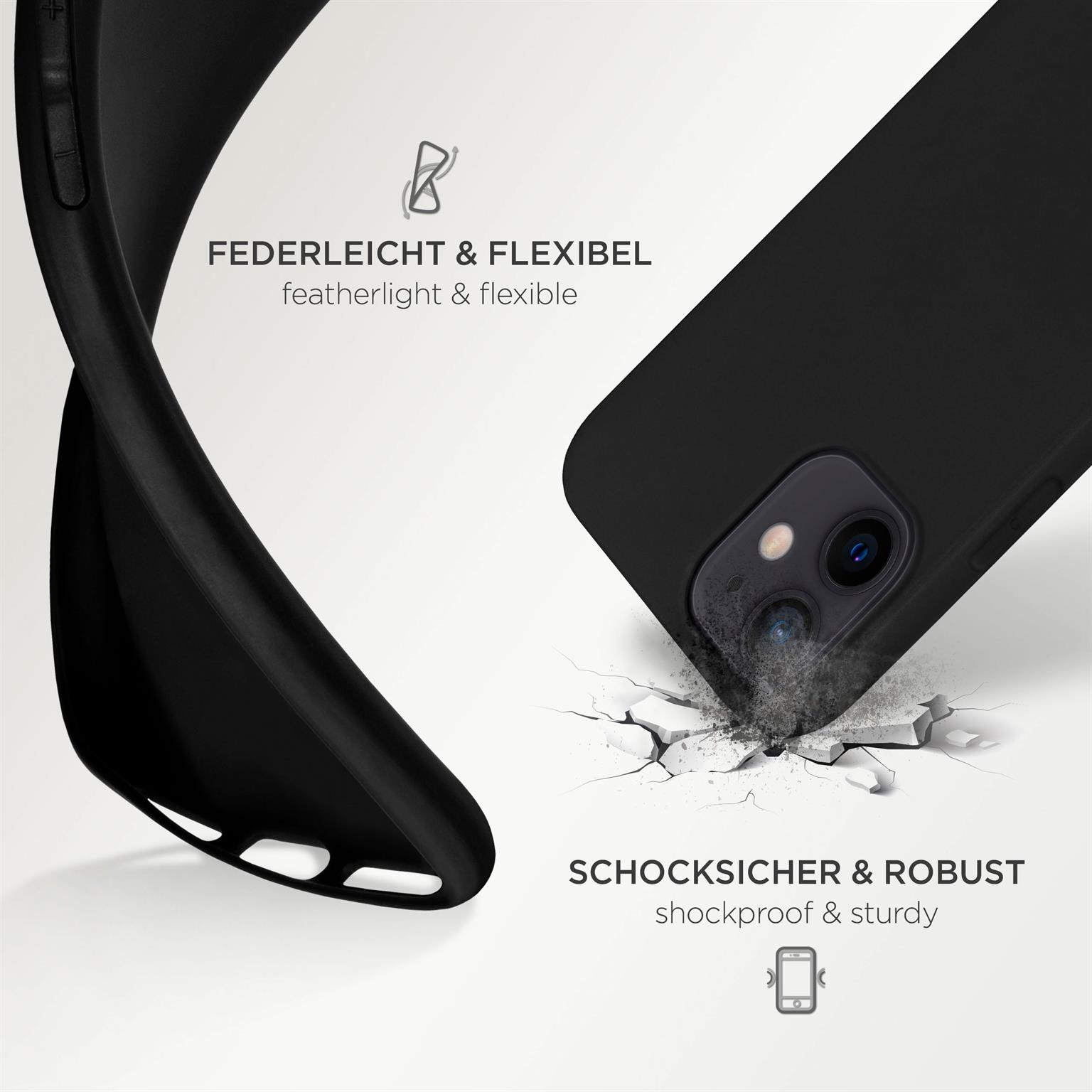 Eine schwarze Handyhülle liegt auf weißer Oberfläche. Die Hülle ist flexibel und stoßfest.