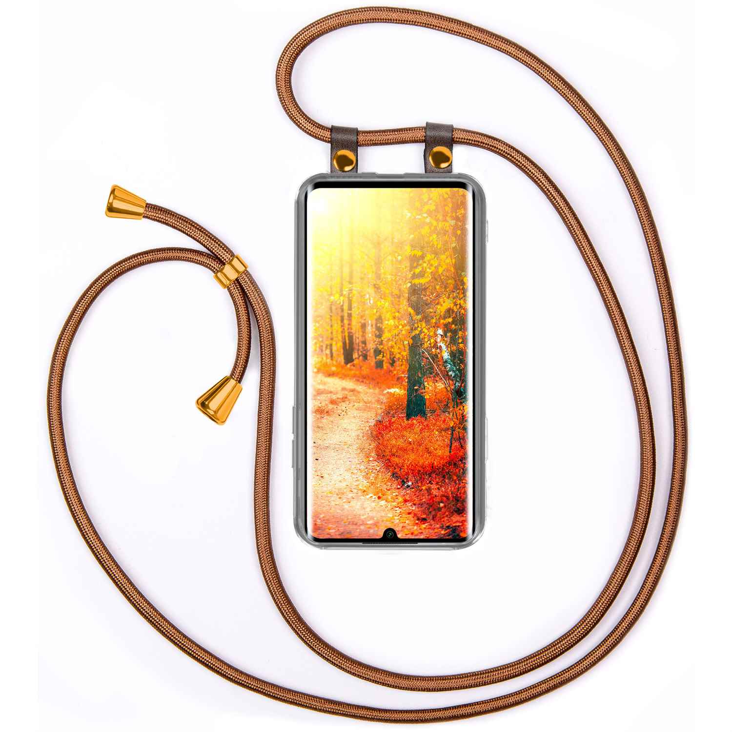 Telefon mit brauner Kordel. Bildschirm zeigt Pfad durch herbstlichen Wald.