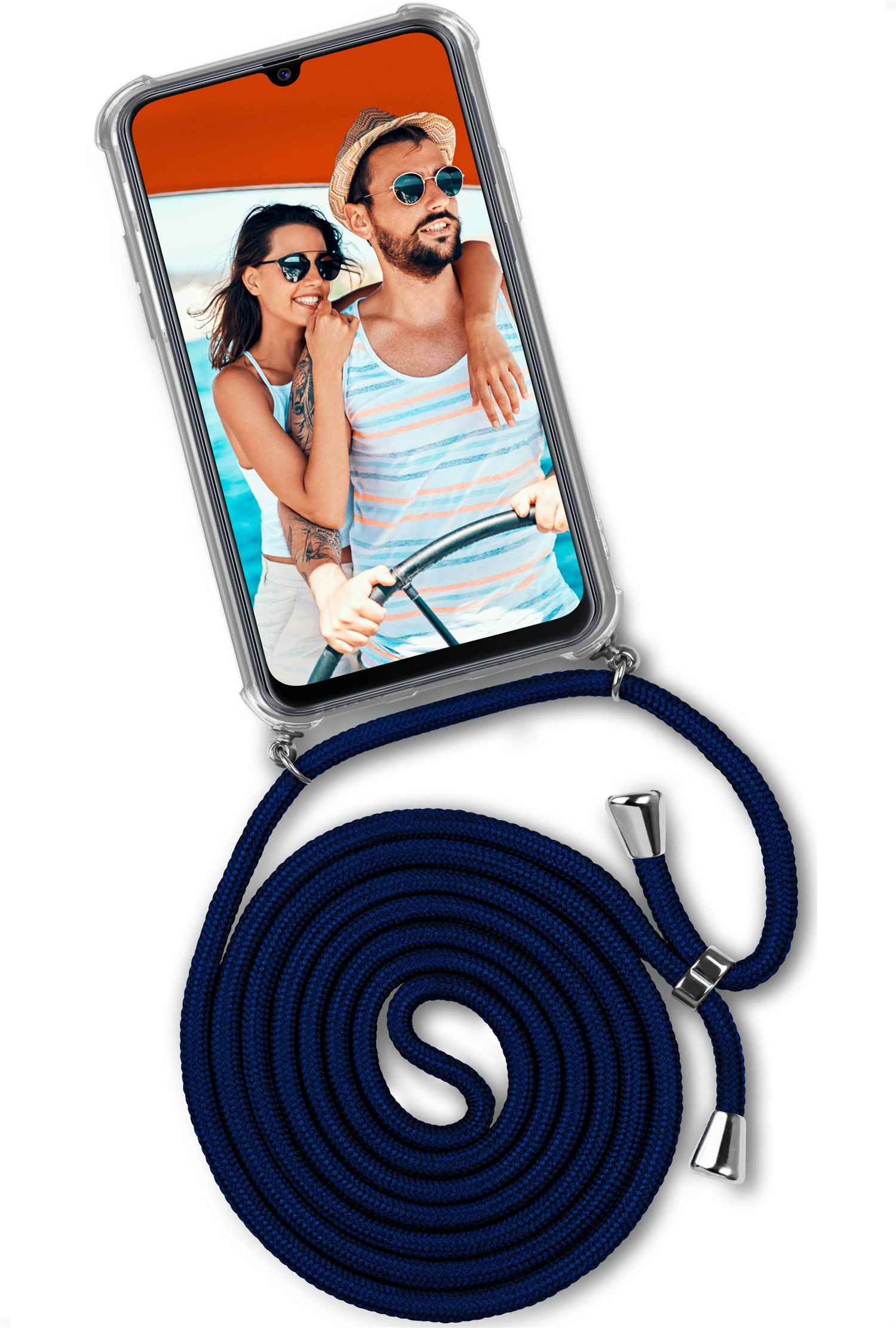 Telefon mit Riemen. Bildschirm zeigt Paar auf Boot.