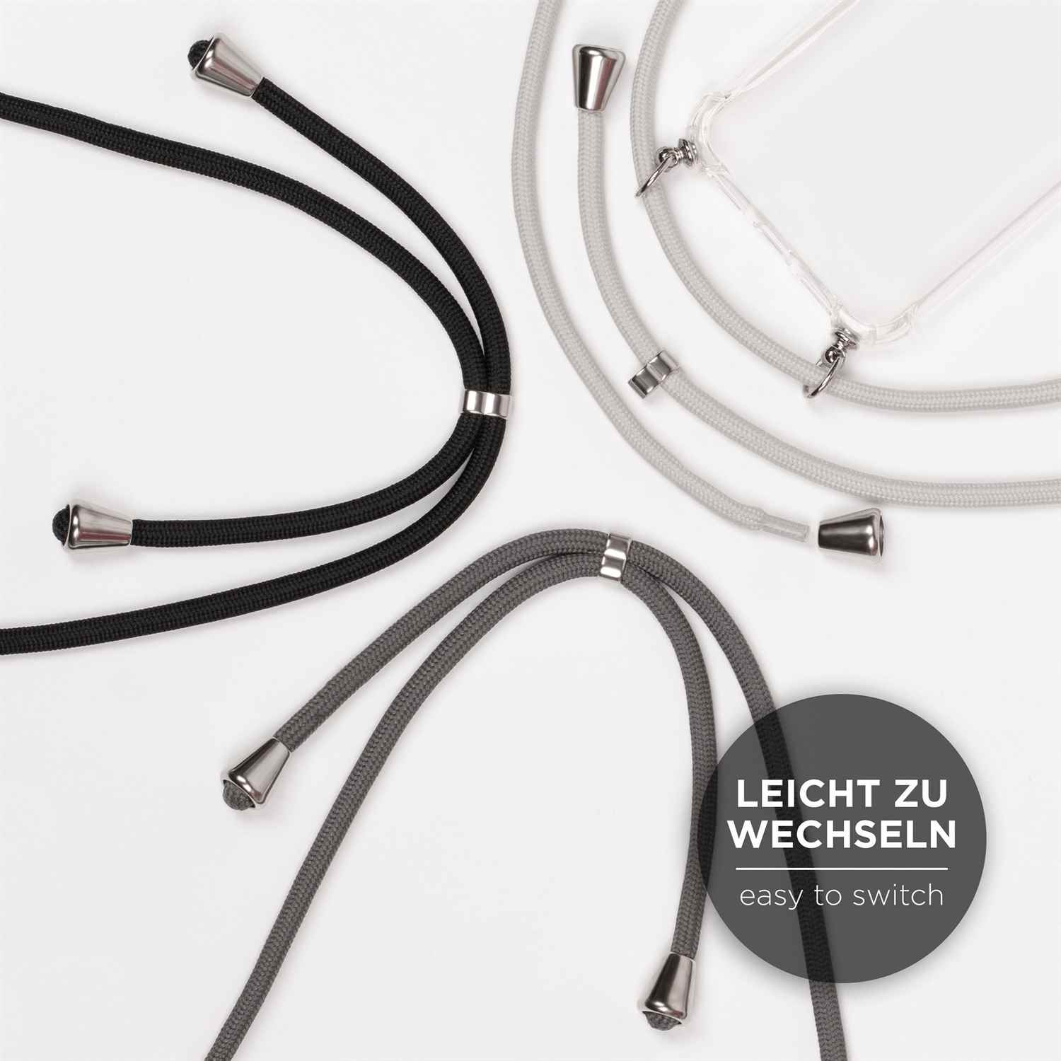 Handy-Bänder in Schwarz, Grau und Weiß. Metallspitzen und -halter. Text: Einfach zu wechseln.
