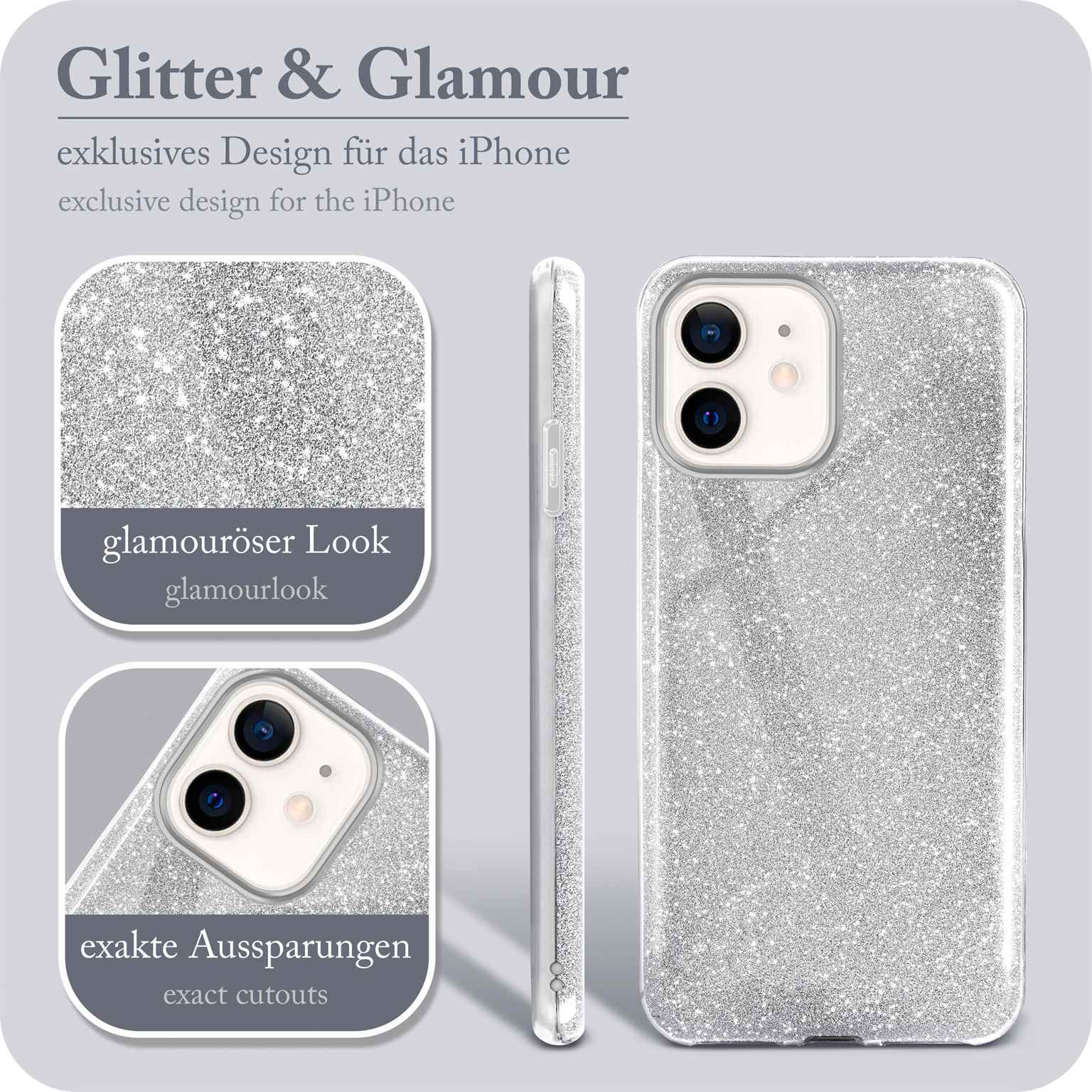 Silberner Glitzer-iPhone-Hülle mit Nahaufnahme. Text: Glitter & Glamour, Glamour-Look, exakte Aussparungen.