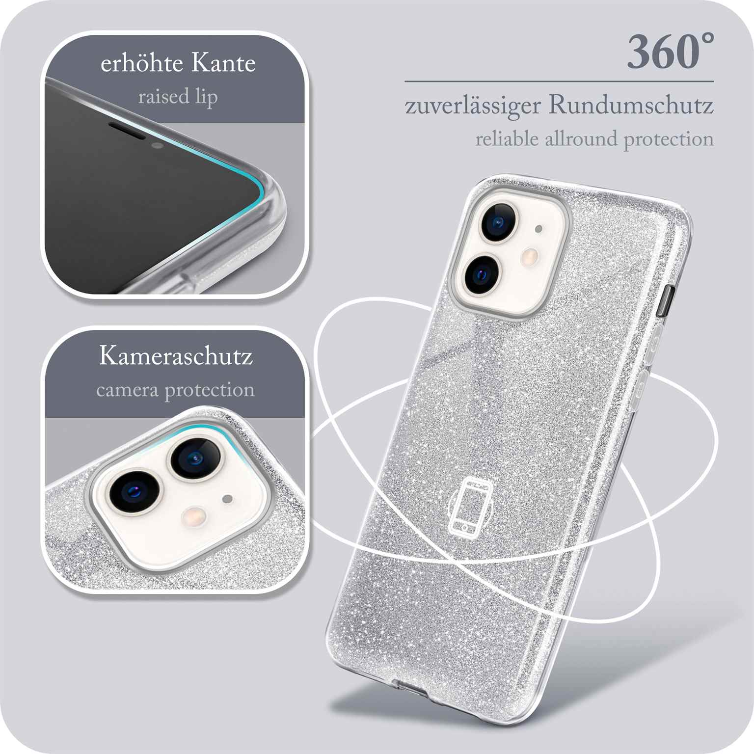 Glitzernde Handyhülle mit Schutzfunktionen und Telefon. Hülle ist silber.