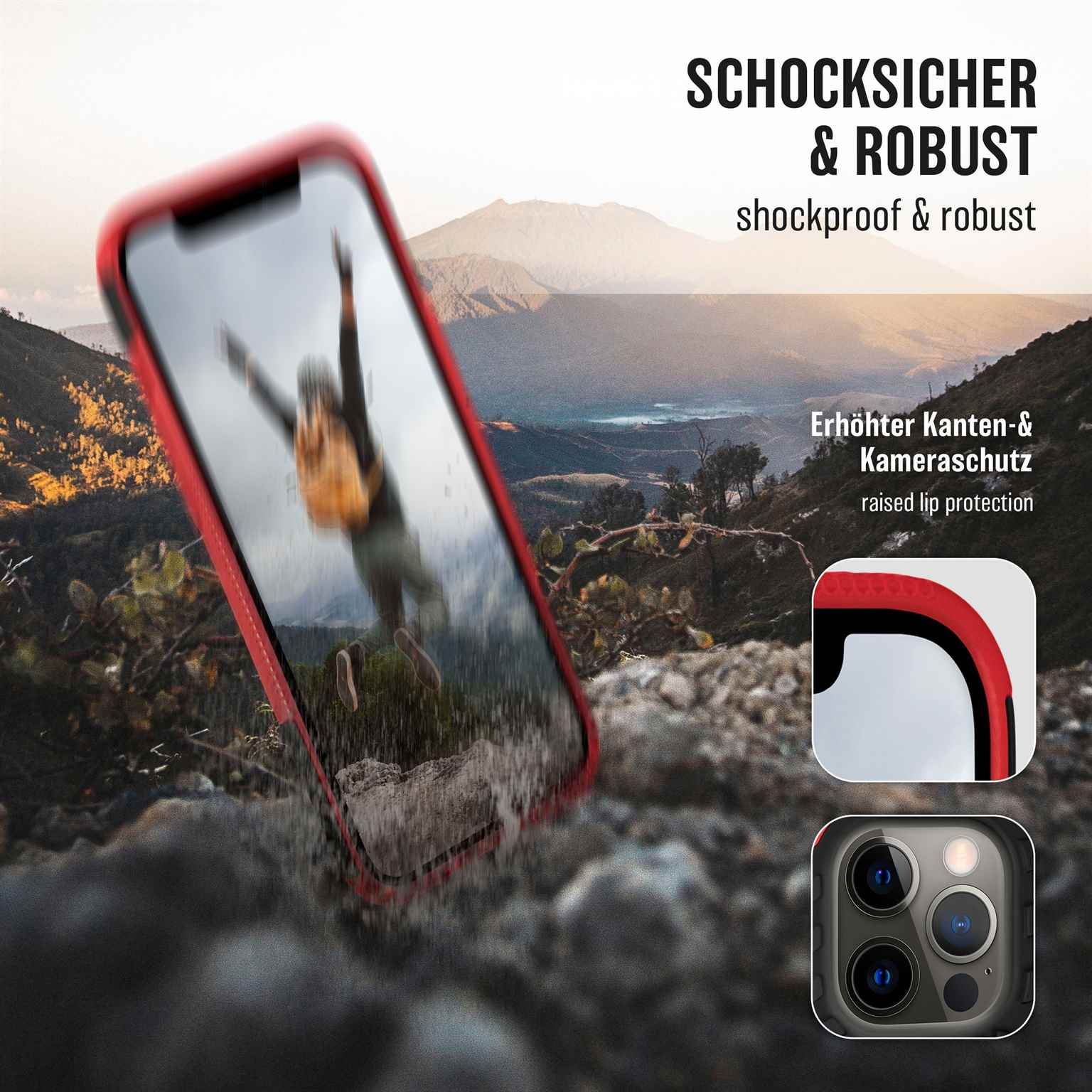 Eine rote Handyhülle mit einer Person, die ins Wasser fällt. Die Handyhülle bedeckt das Telefon. Der Hintergrund ist ein Berg.