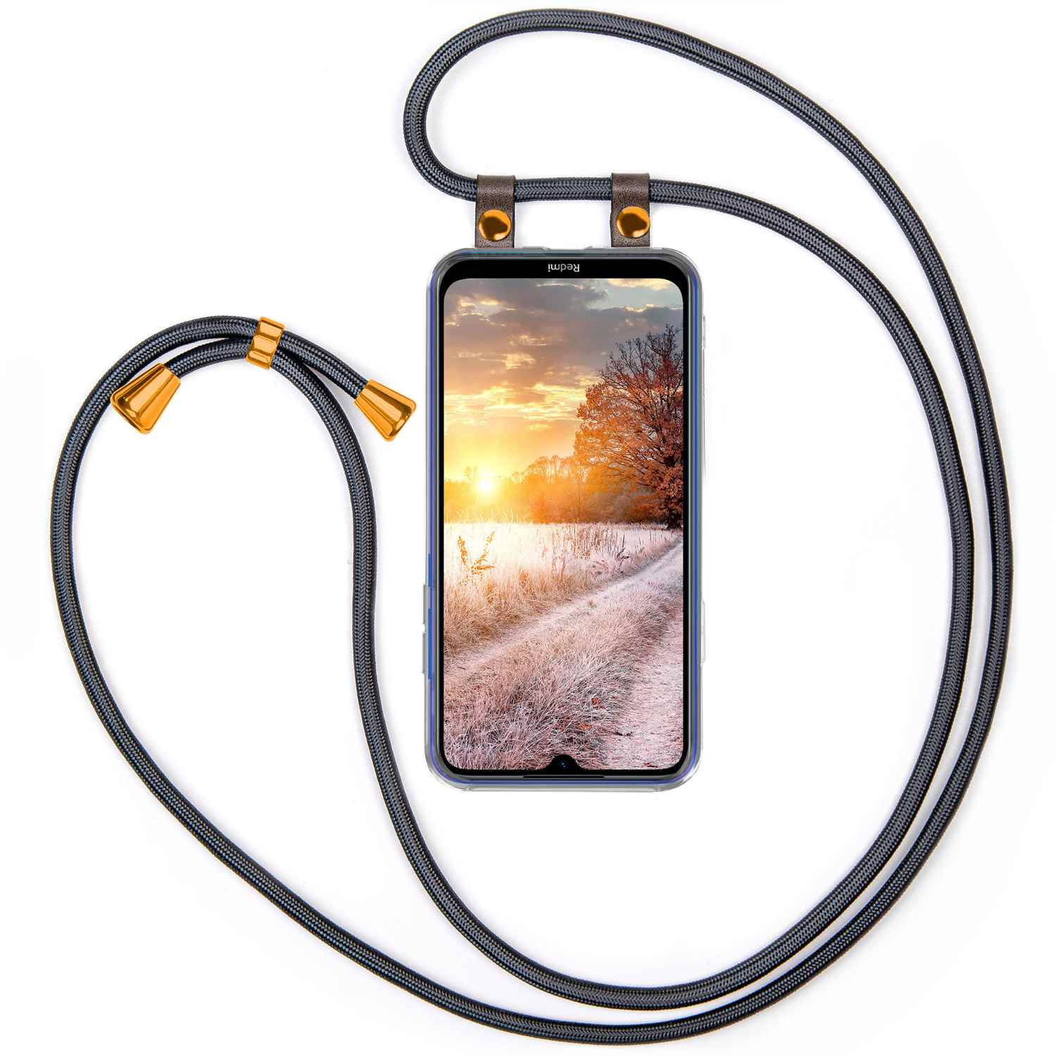 Handyhülle mit grauem Kabel, das eine Sonnenuntergangsszene zeigt. Das Telefon hat ein Redmi-Logo.