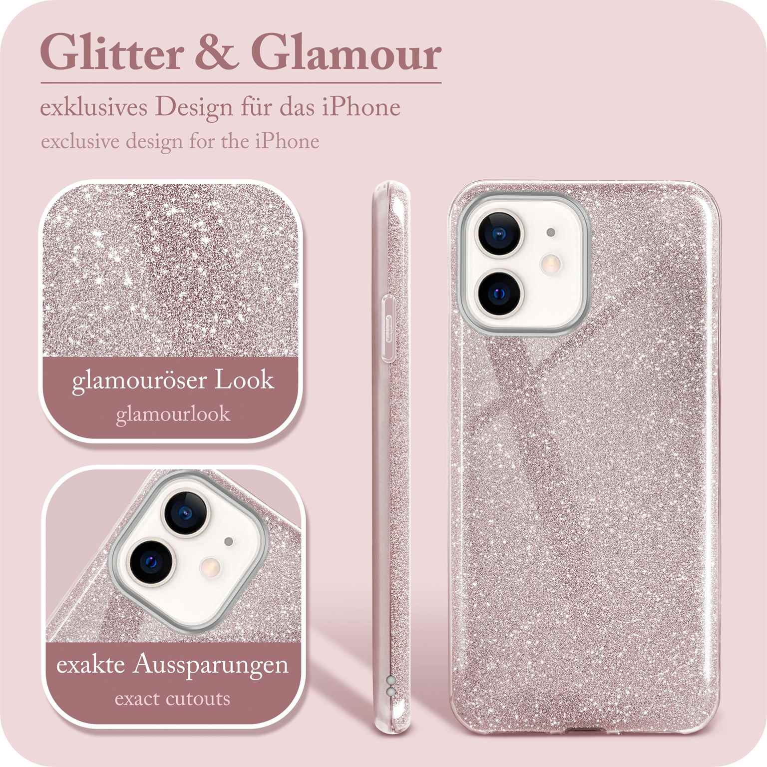 Nahaufnahme einer rosa Glitzer-iPhone-Hülle mit dem Telefon darin und Details des Telefons.