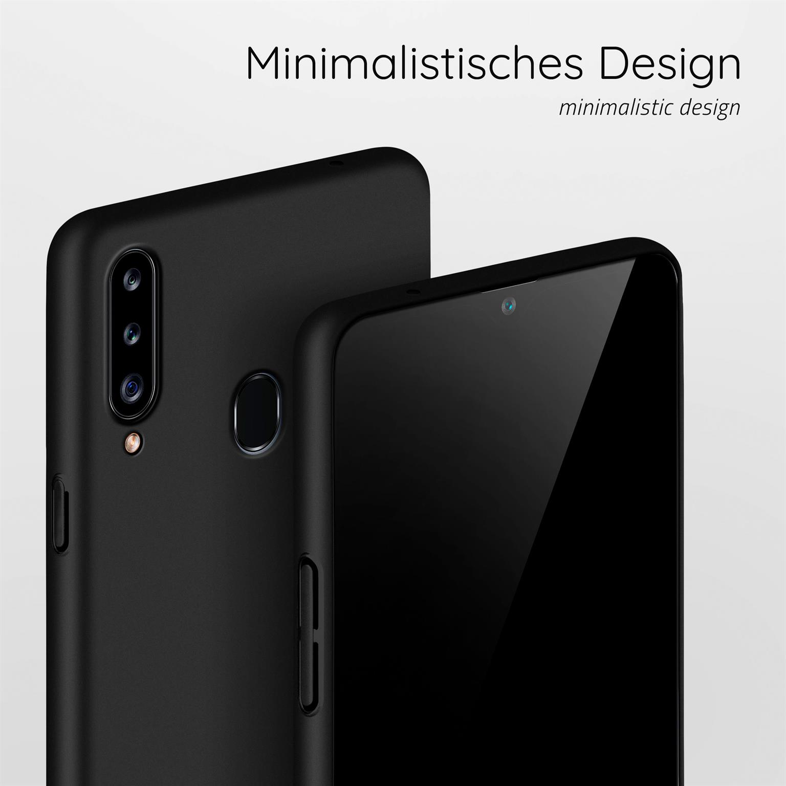 Schwarze Handyhüllen mit minimalistischem Design, der Text lautet 'Minimalistisches Design'.
