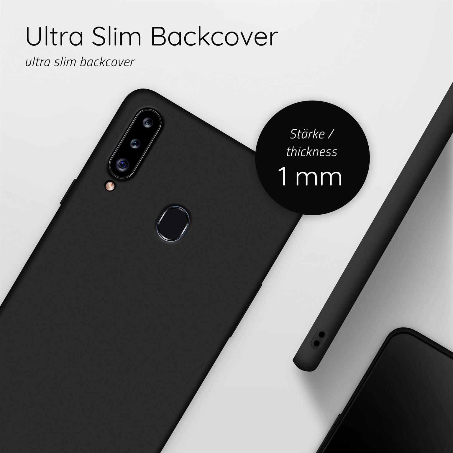 Schwarze Handy-Rückseite. Text: Ultra-Slim-Backcover, 1 mm Dicke. Telefon auf weißer Oberfläche.