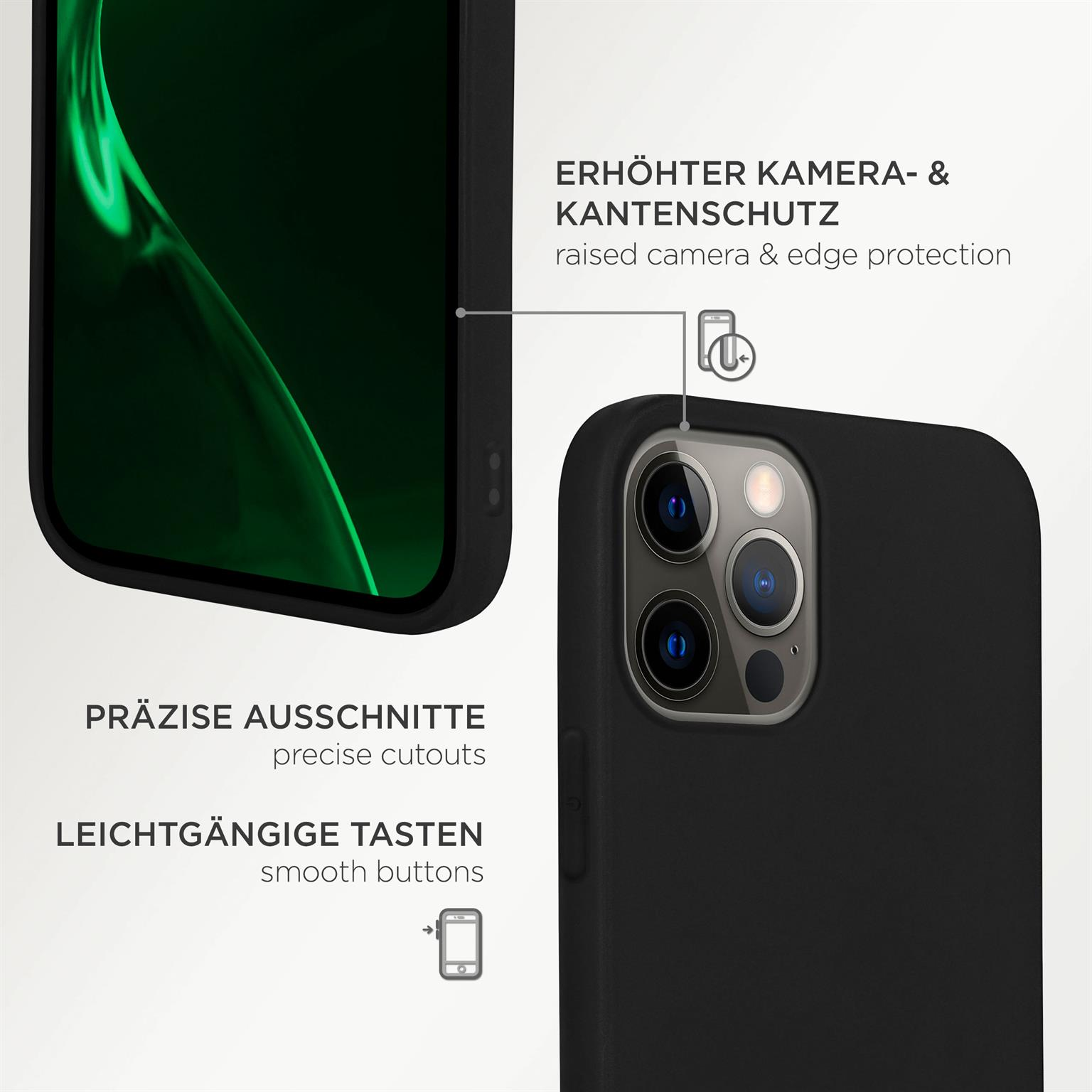 Nahaufnahme einer schwarzen Handyhülle mit Text, zeigt Kamera- und Kantenschutz. Präzise Aussparungen und glatte Tasten.