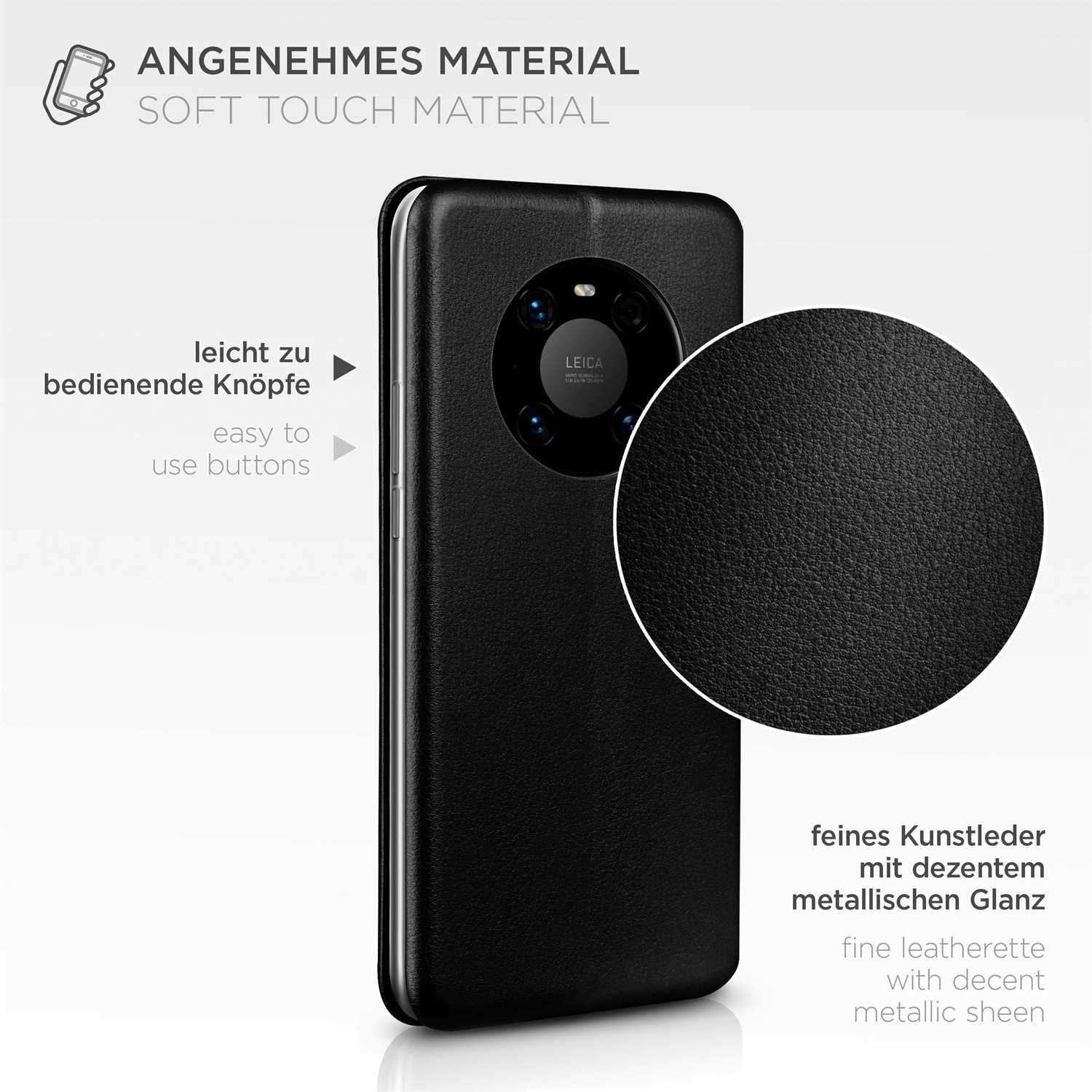 Schwarze Handyhülle mit schwarzem Kunstleder und dem Text: Soft-Touch-Material.