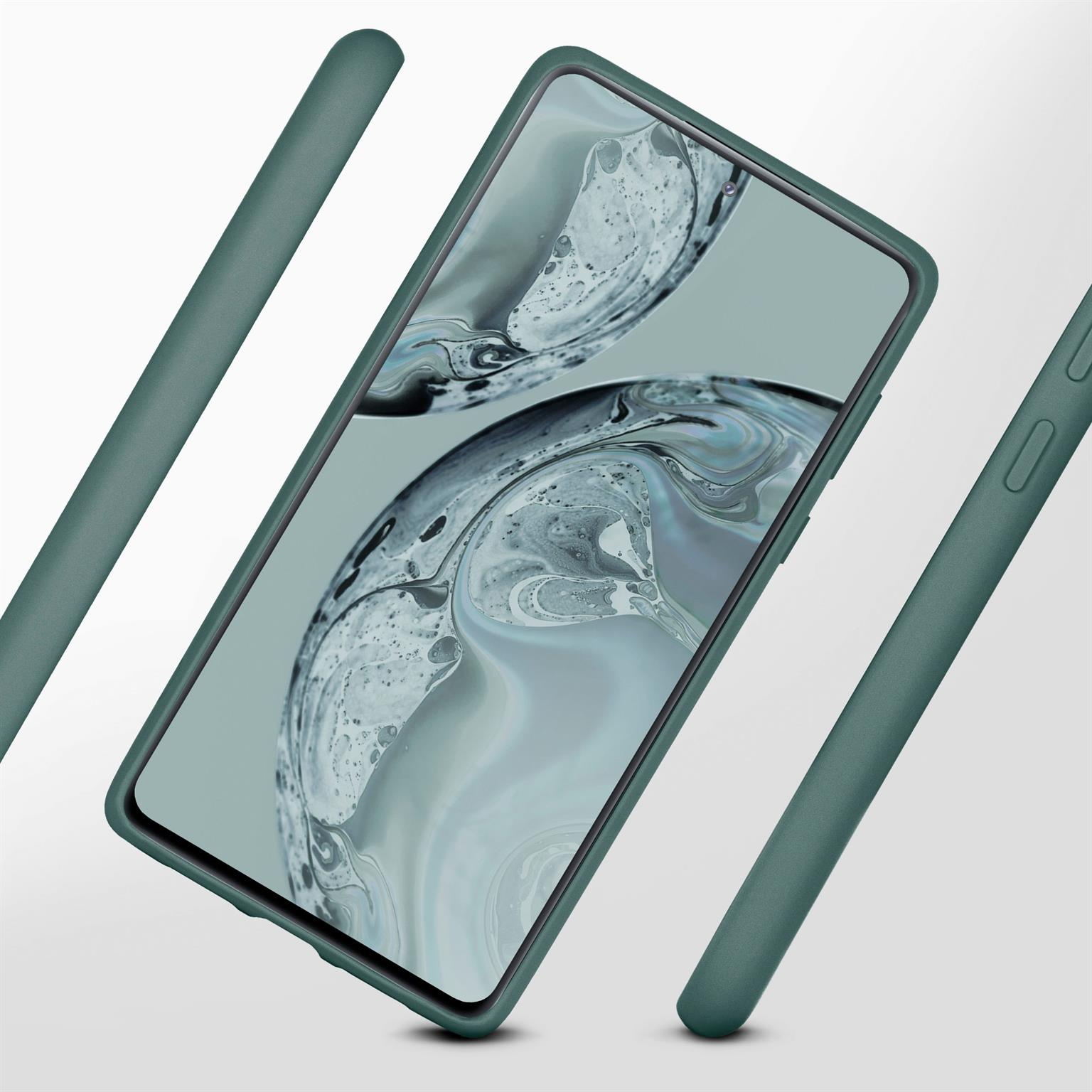 Eine Handyhülle in Grün mit einem Telefon darin. Drei grüne Balken umgeben die Hülle.