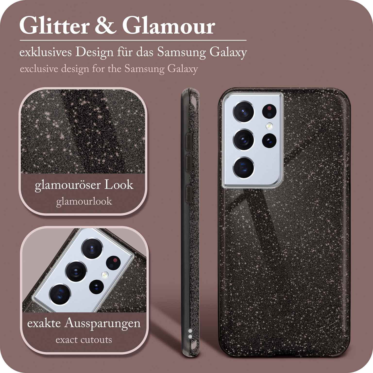 Handyhülle mit Glitzerdesign, mehrere Ansichten: vorne, Seite und Detailaufnahmen.