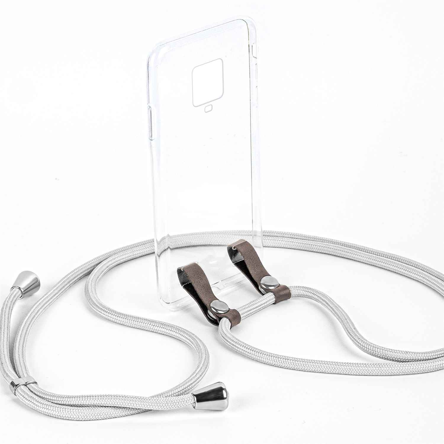 Eine transparente Handyhülle mit silbernem Telefonband und Metallakzenten.