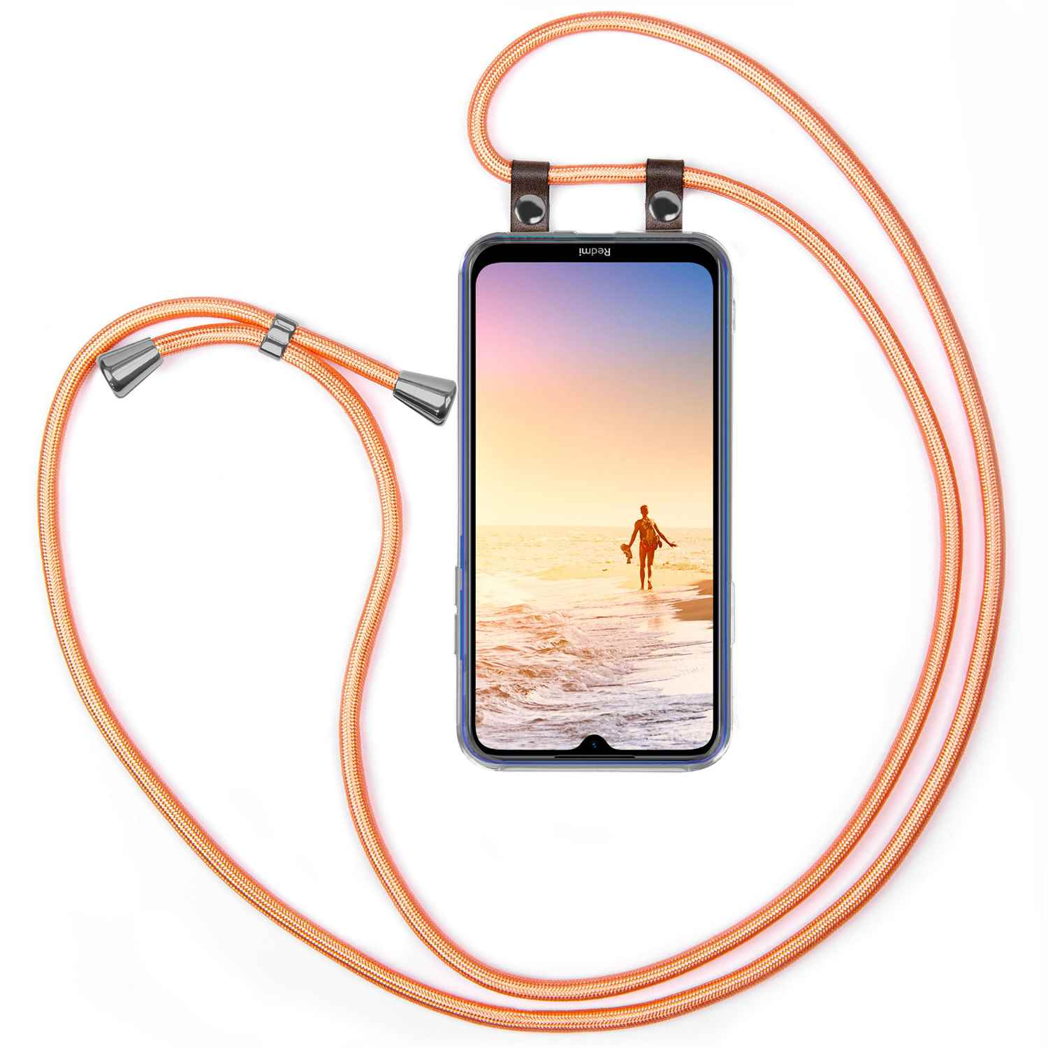Oranges Handyband mit einem Telefon, das eine Strandszene zeigt. Weißer Hintergrund.
