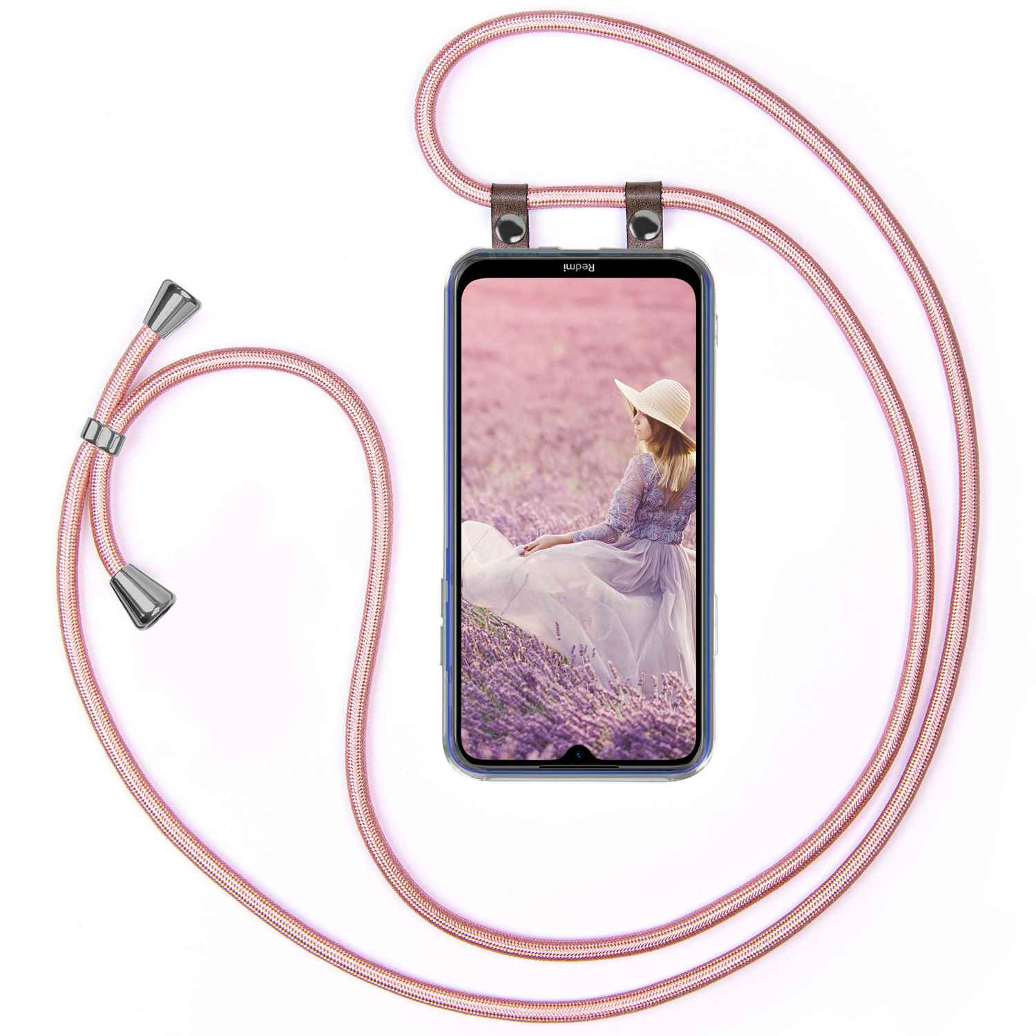 Telefon mit Riemen. Bildschirm zeigt Frau auf Feld.