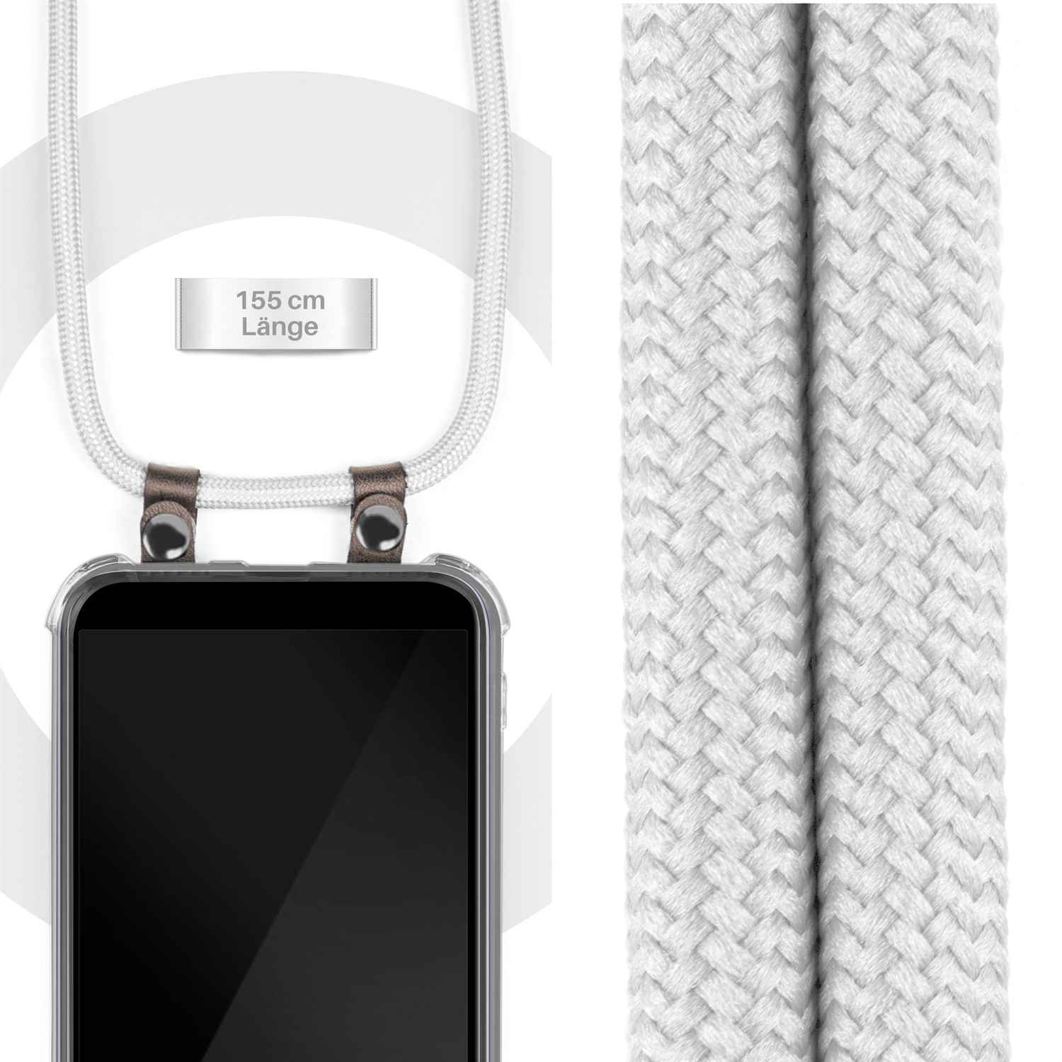 Ein weißer Telefonriemen, 155 cm lang, mit einer Handyhülle.