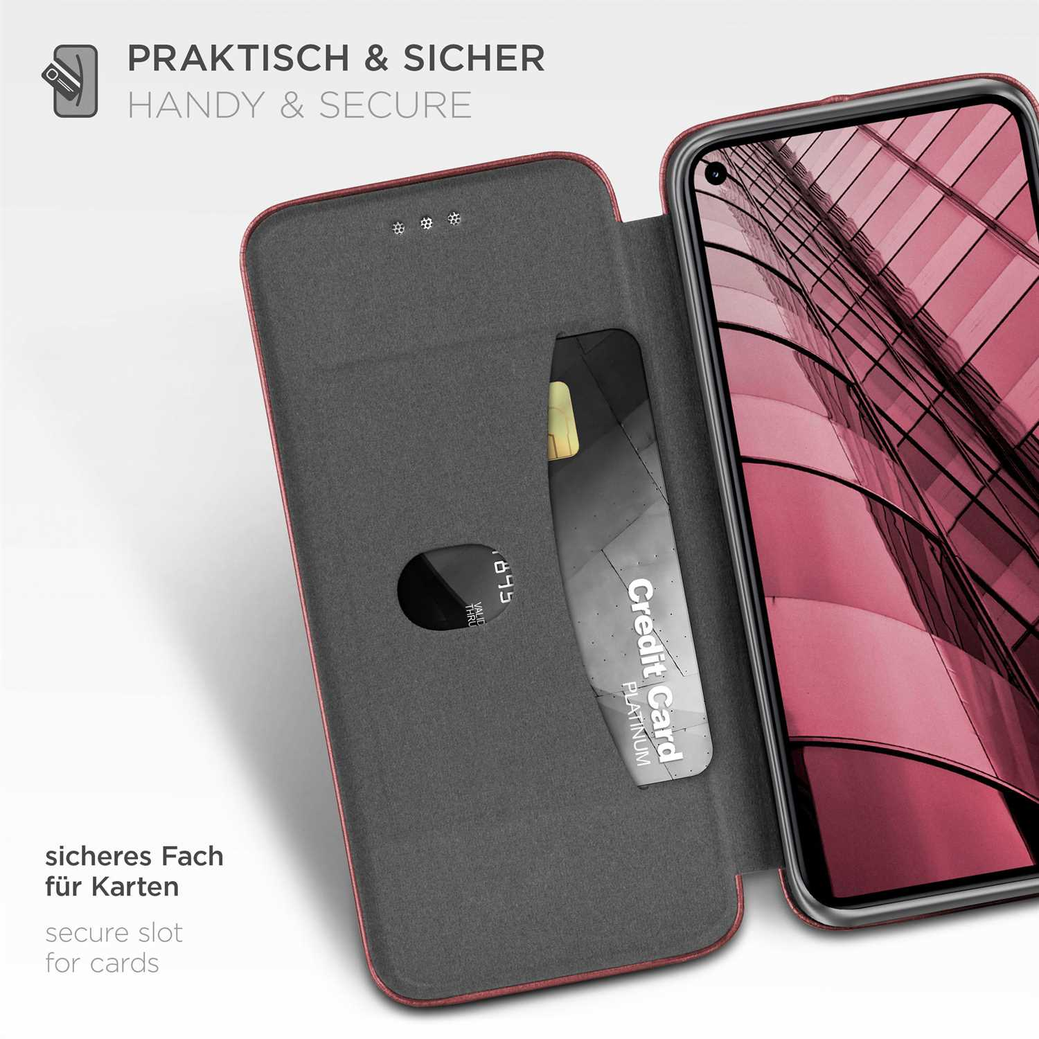 Offene Handyhülle mit Kreditkartenfach. Die Hülle ist offen und zeigt ein Telefon.