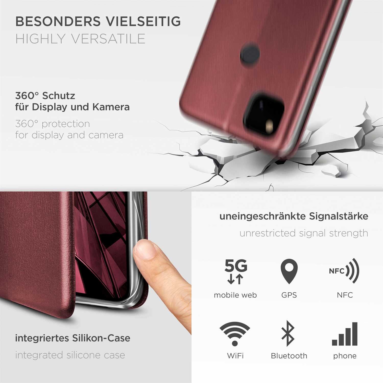 Eine weinrote Handyhülle mit Telefon. Grafiken auf dem Gehäuse und Telefonfunktionen werden gezeigt.