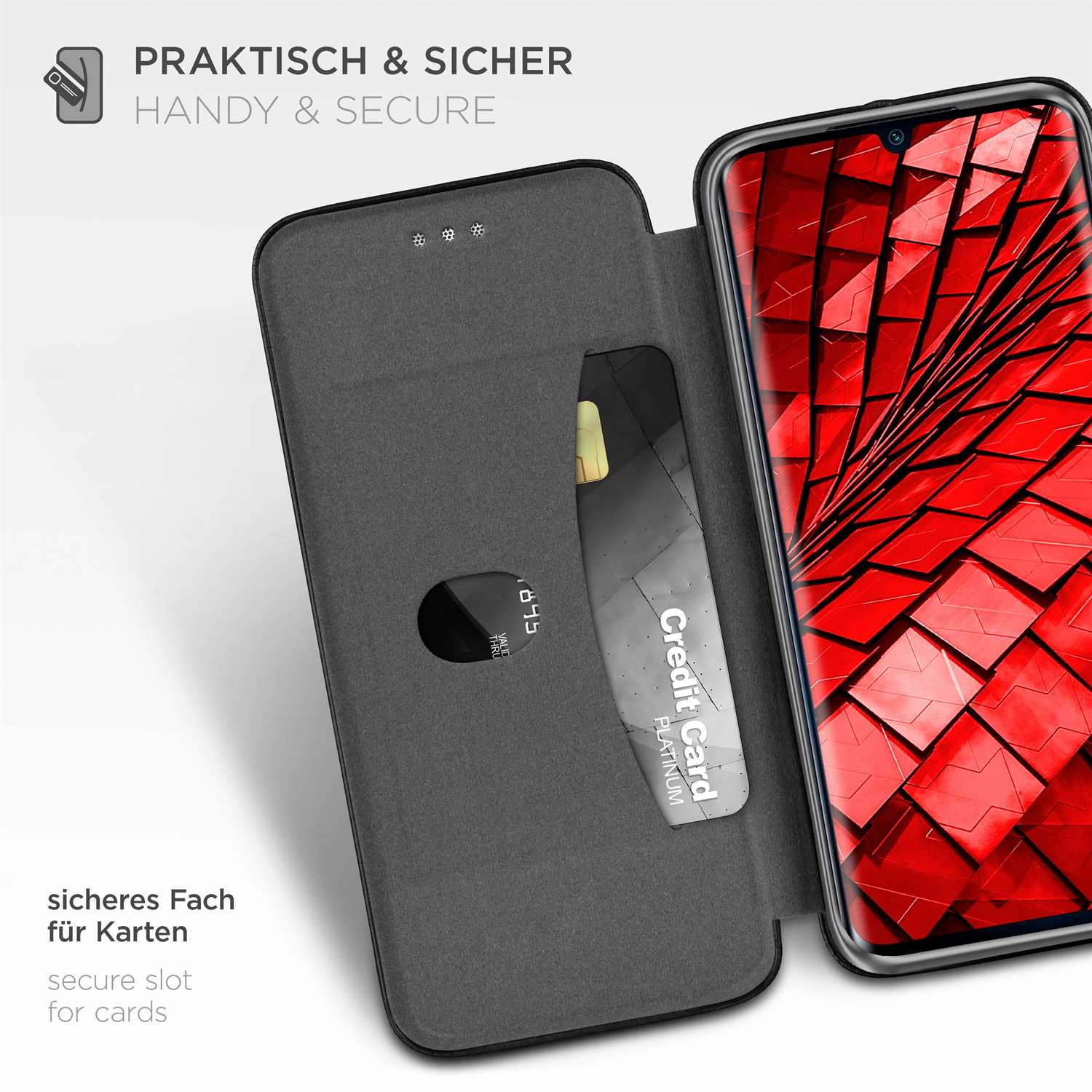 Graue Handyhülle mit Kreditkartenfach. Im Inneren ist ein roter Telefonbildschirm zu sehen. Text auf Deutsch zur Sicherheit.