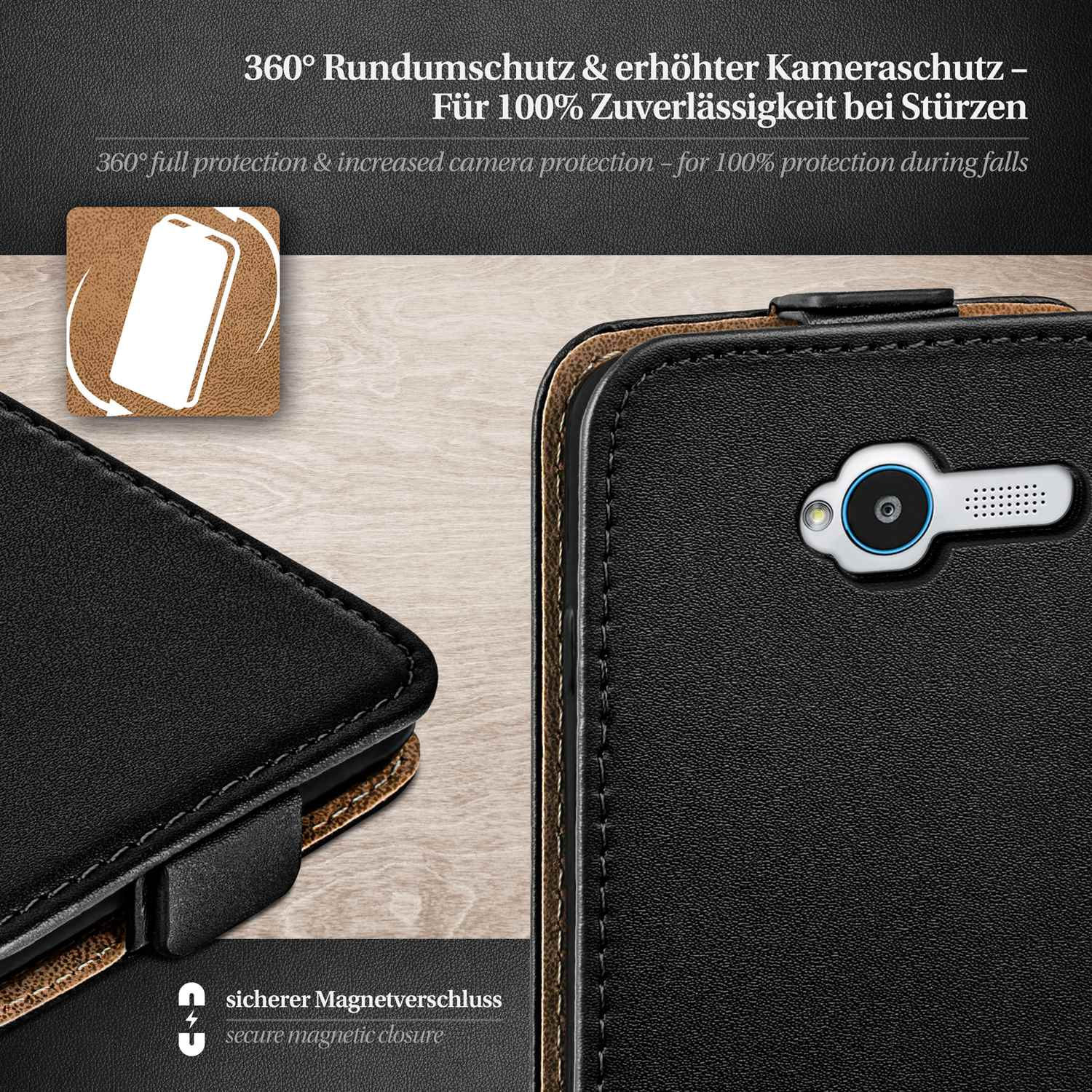 Schwarze Handyhülle mit Lederbezug. Die Hülle befindet sich neben einem Handy, dessen Kamera sichtbar ist.