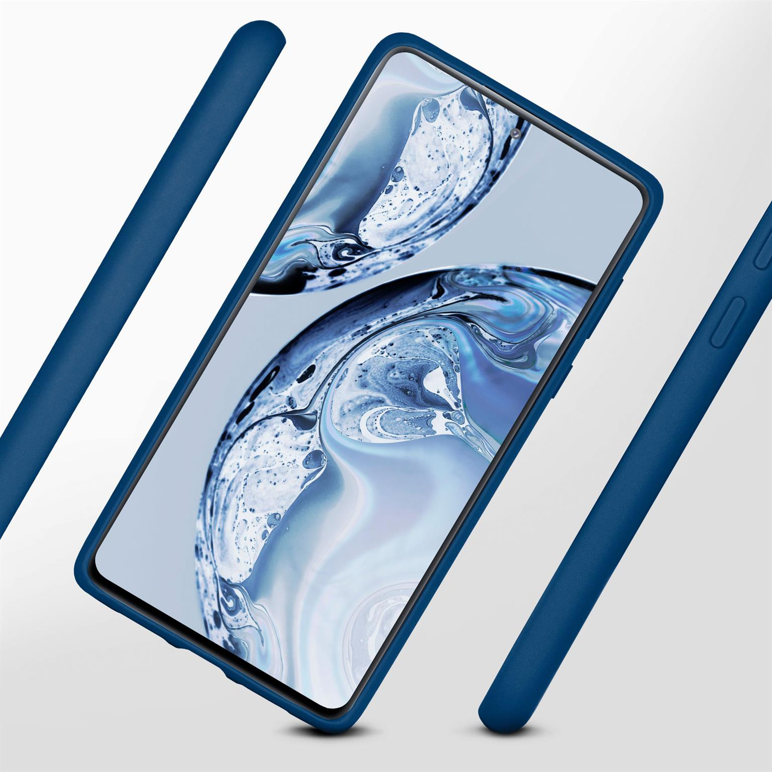 Telefon in einer blauen Hülle, angewinkelt mit blauen Balken im Hintergrund. Der Bildschirm ist sichtbar.
