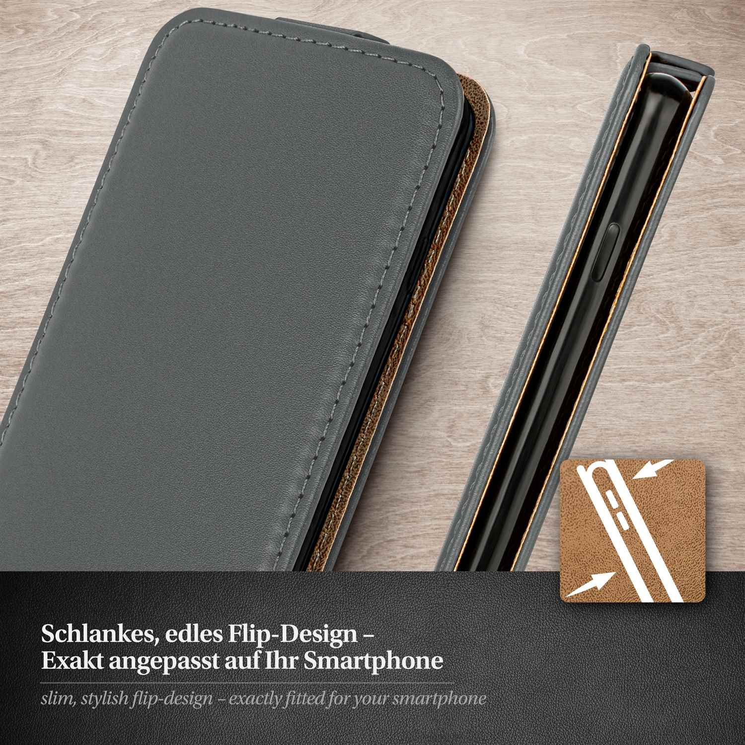 Graue Flip-Design-Handyhülle mit Text, Detailansicht. Schwarzer Hintergrund.