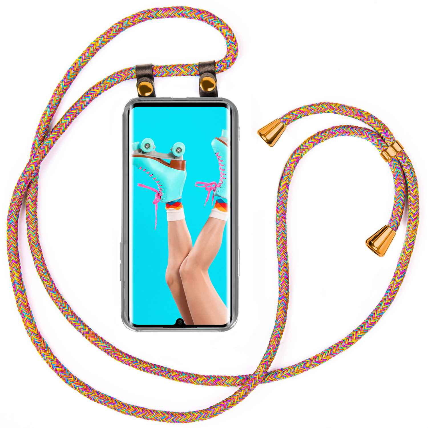 Telefon mit Rollschuhbeinen, farbenfrohes Kabel. Weißer Hintergrund.
