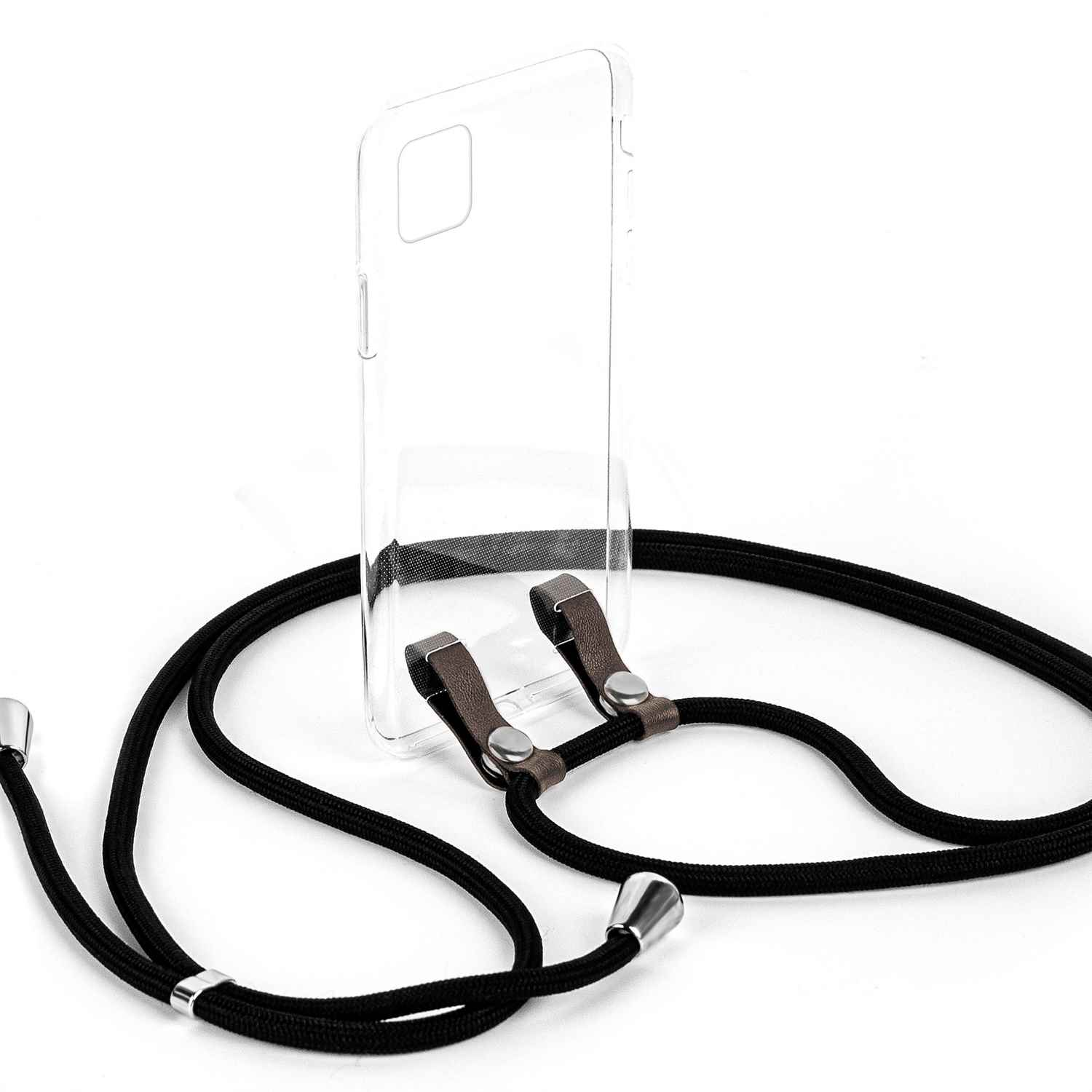 Schwarzes Handykabel mit transparentem Handycase. Weißer Hintergrund.