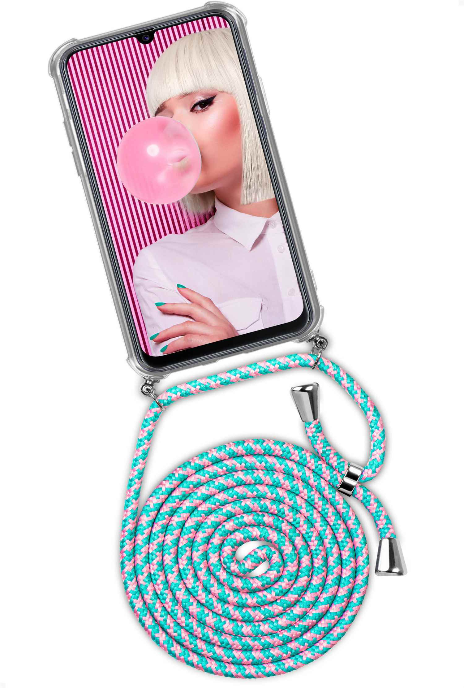 Telefon mit Frau und Kaugummi. Rosa und türkis Seil. Weißer Hintergrund.