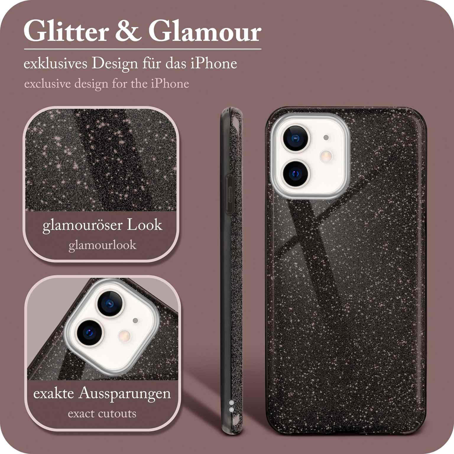 Schwarze Glitzer-Handyhülle mit sternartigen Mustern. Seiten- und Vorderansicht. Text: Glitter & Glamour, exklusives Design.