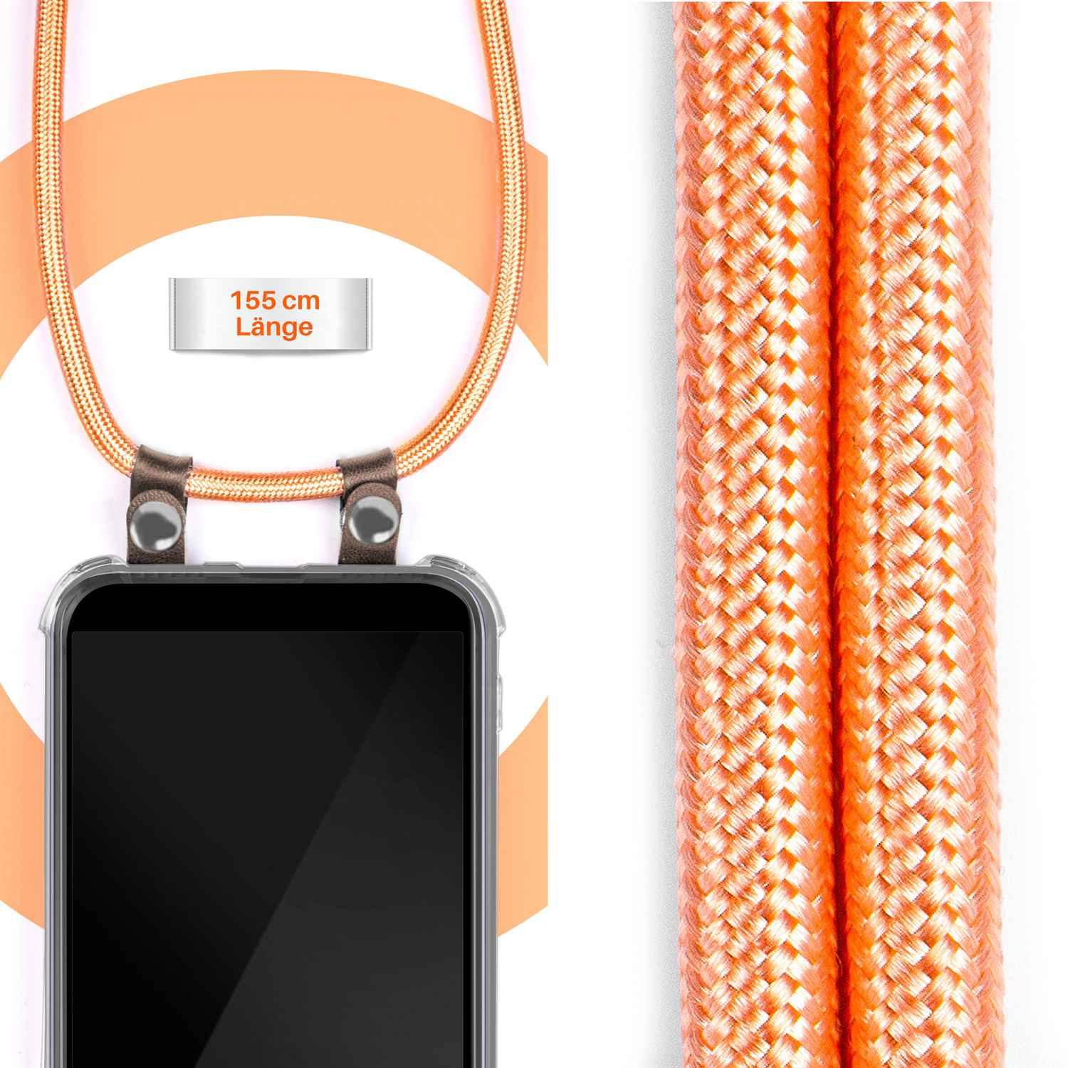 Telefon mit braunem Riemen, Details sichtbar. Der Riemen ist 155 cm lang.