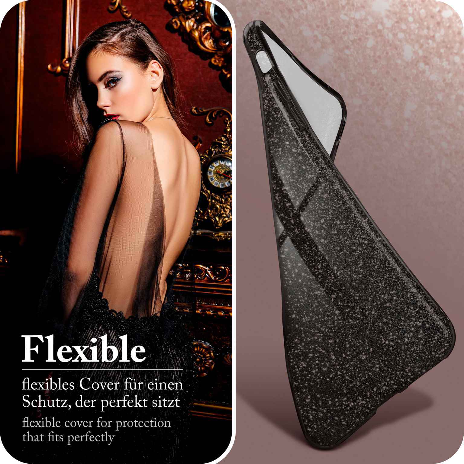 Eine Frau in einem schwarzen Kleid posiert, mit der Rückseite einer schwarzen Handyhülle im Fokus. Text 'Flexible' und 'perfect fit'.