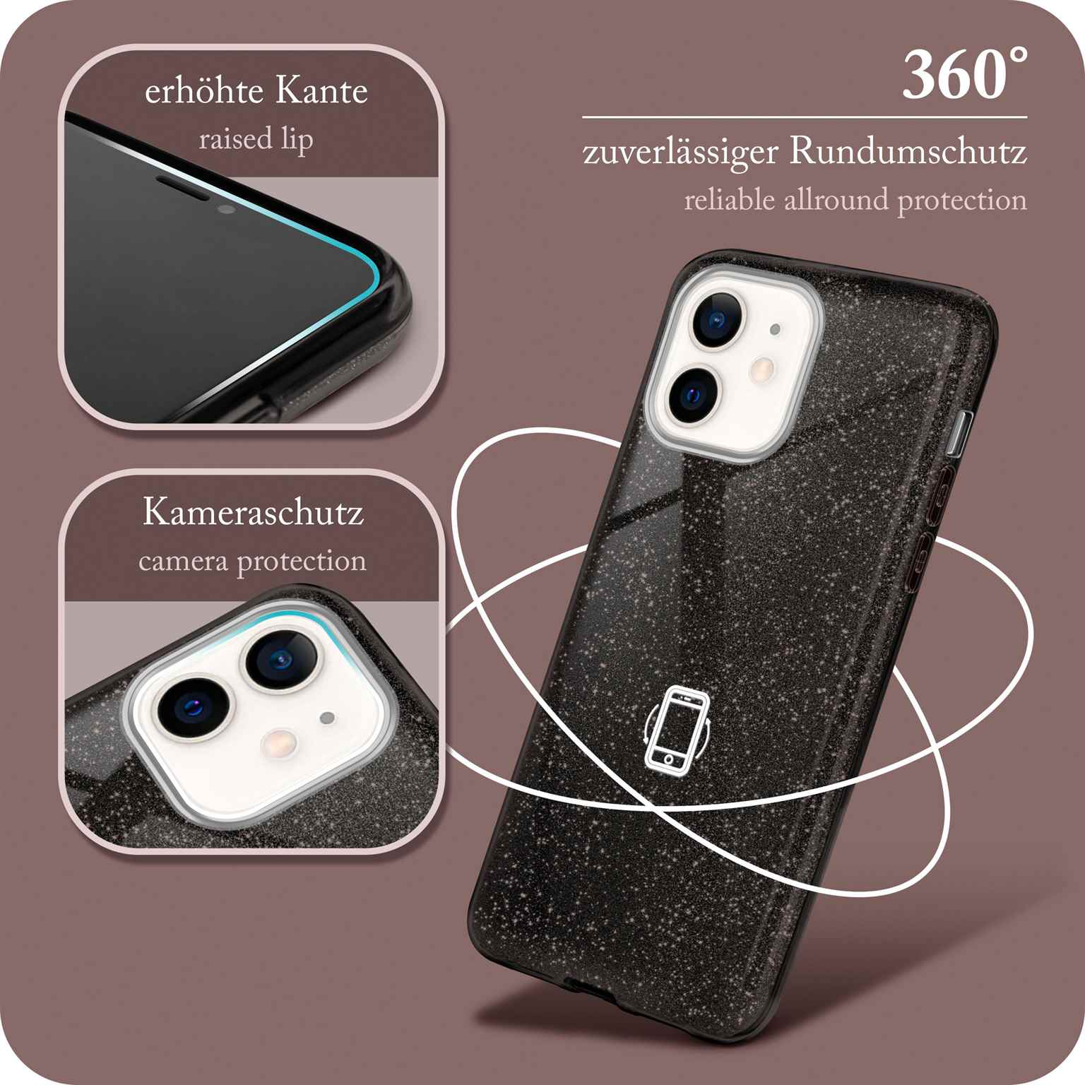 Handyhülle mit schwarzem Glitzerdesign, Merkmale: erhöhte Kante, Kamera, 360° Schutz.