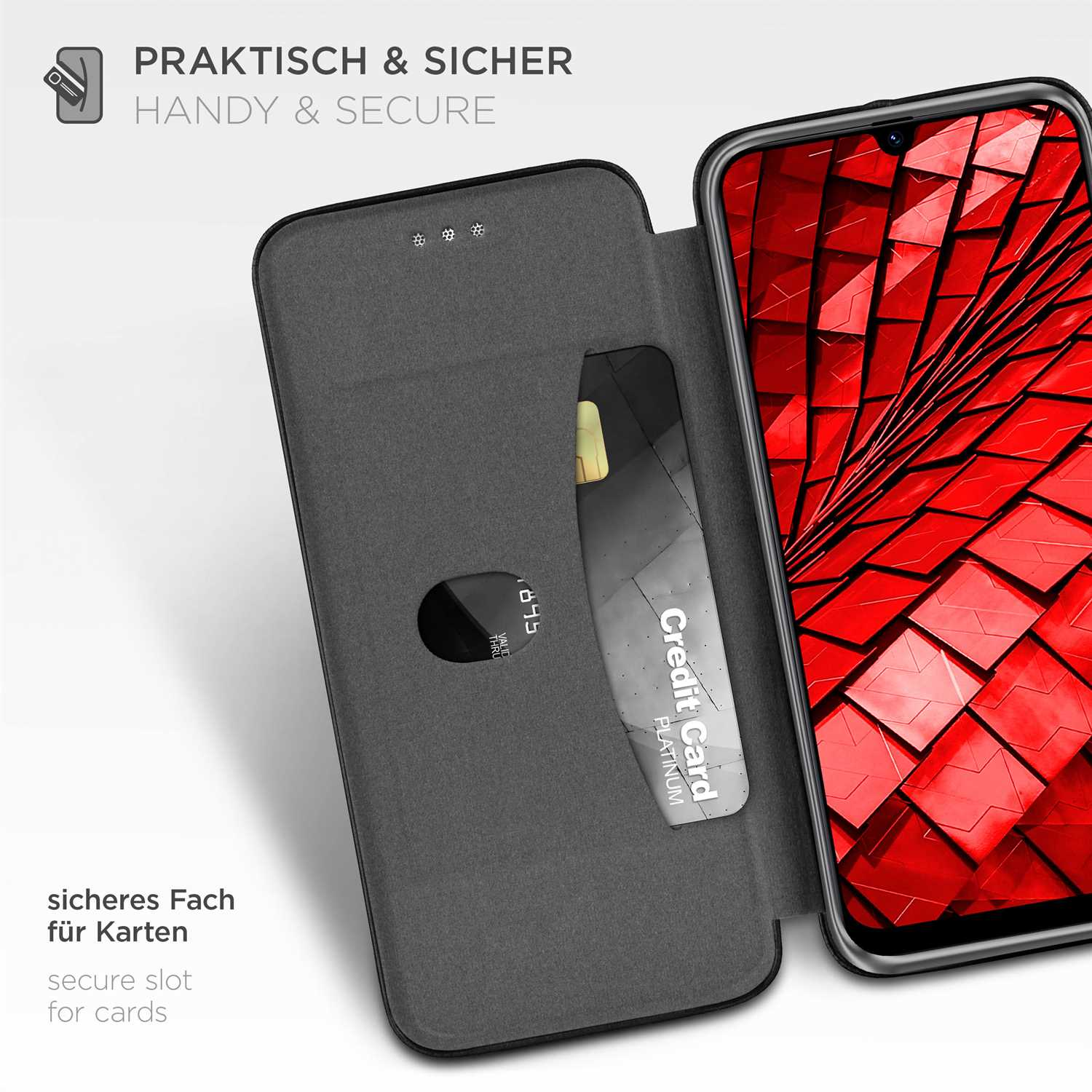 Graue Handyhülle mit Kartenfach. Kreditkarte sichtbar. Roter gemusterter Hintergrund.