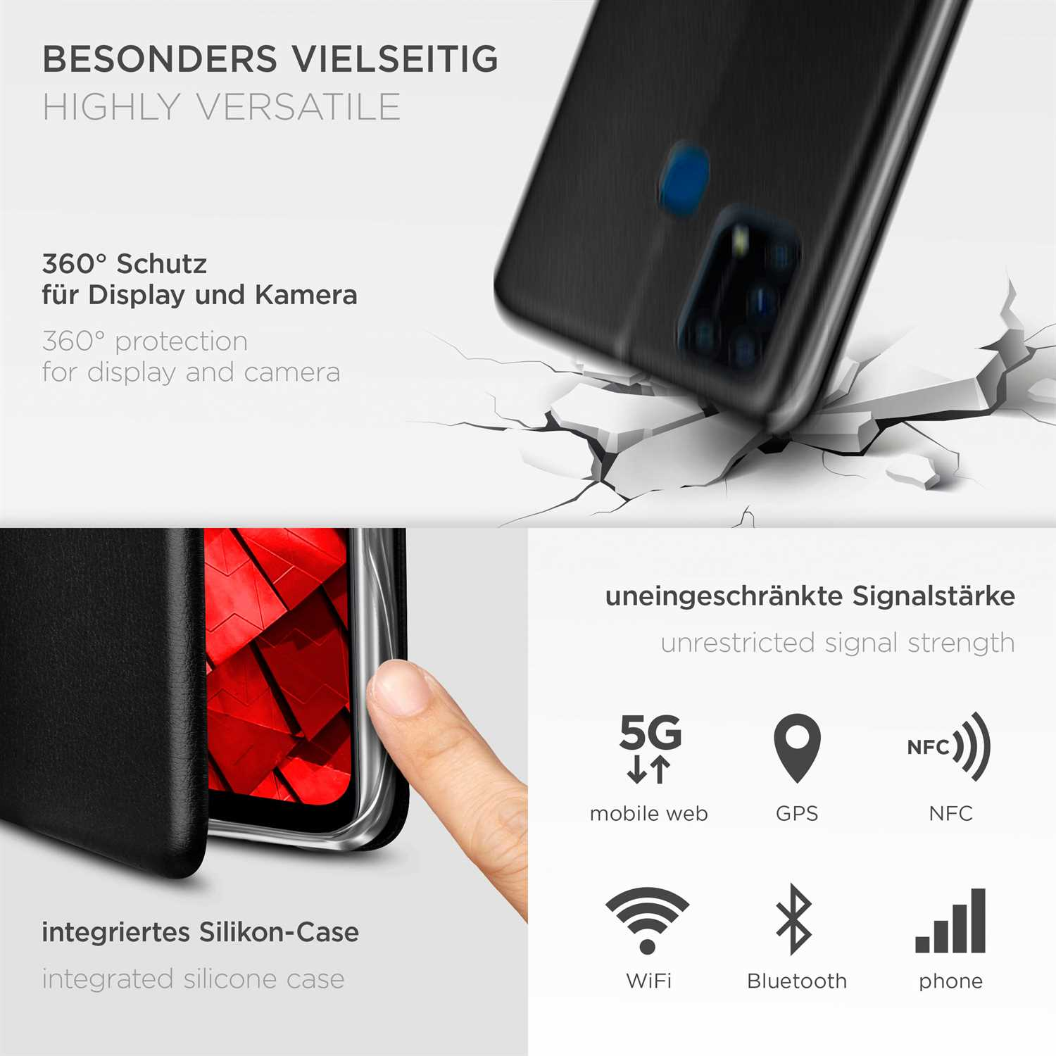 Eine Handyhülle mit einem schwarzen Telefon darin. Die Hülle ist schwarz. Der Hintergrund zeigt verschiedene Telefonfunktionssymbole.