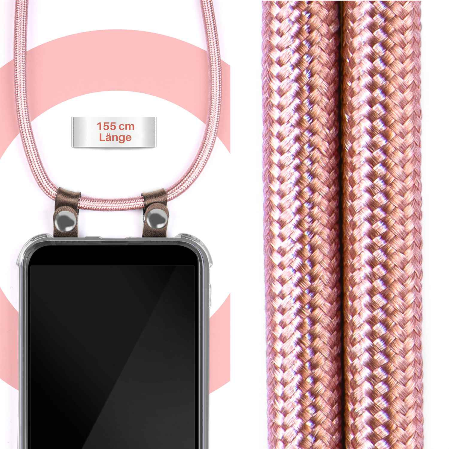 Nahaufnahme eines Telefons mit rosa Seil. Telefon hat schwarzen Bildschirm. Text: 155 cm Länge