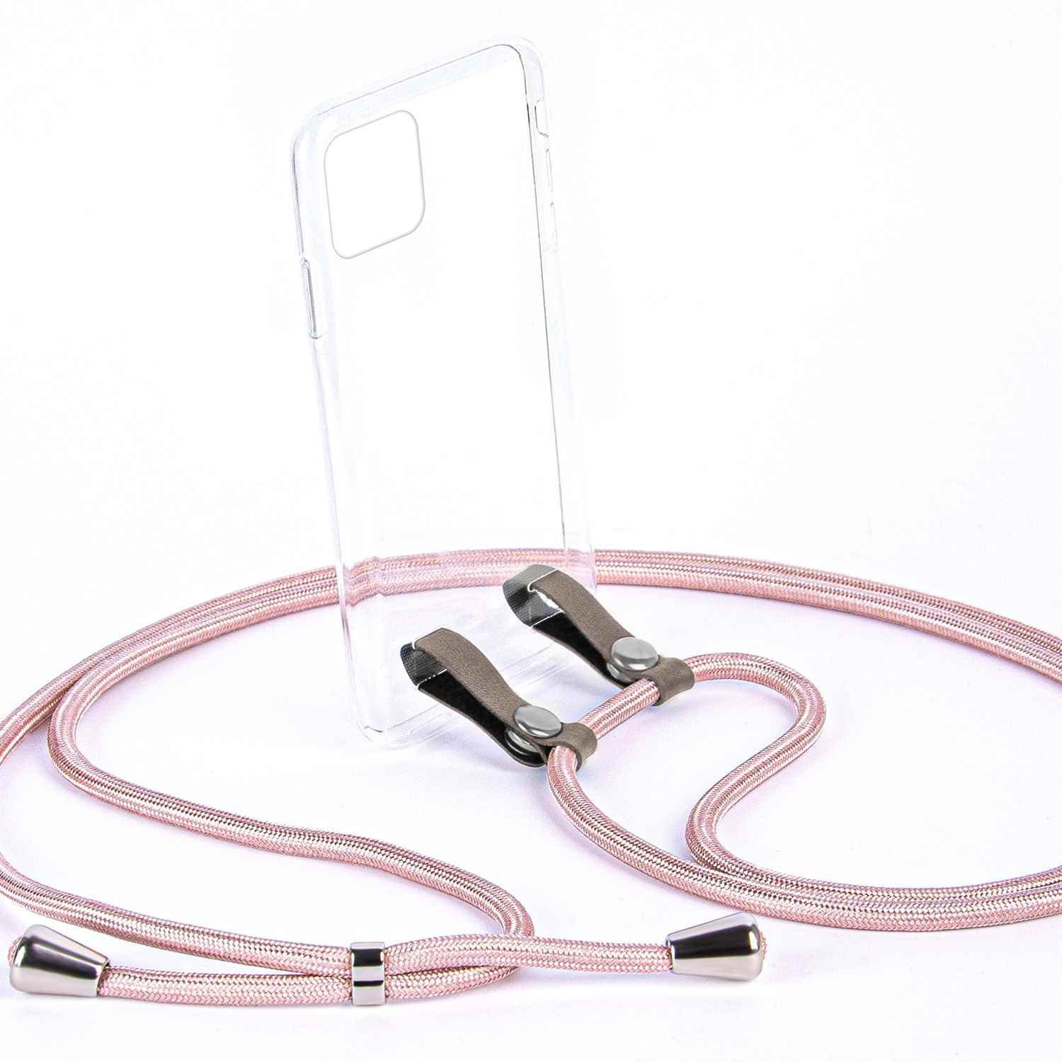 Transparente Handyhülle mit rosa Telefonband, weißer Hintergrund.